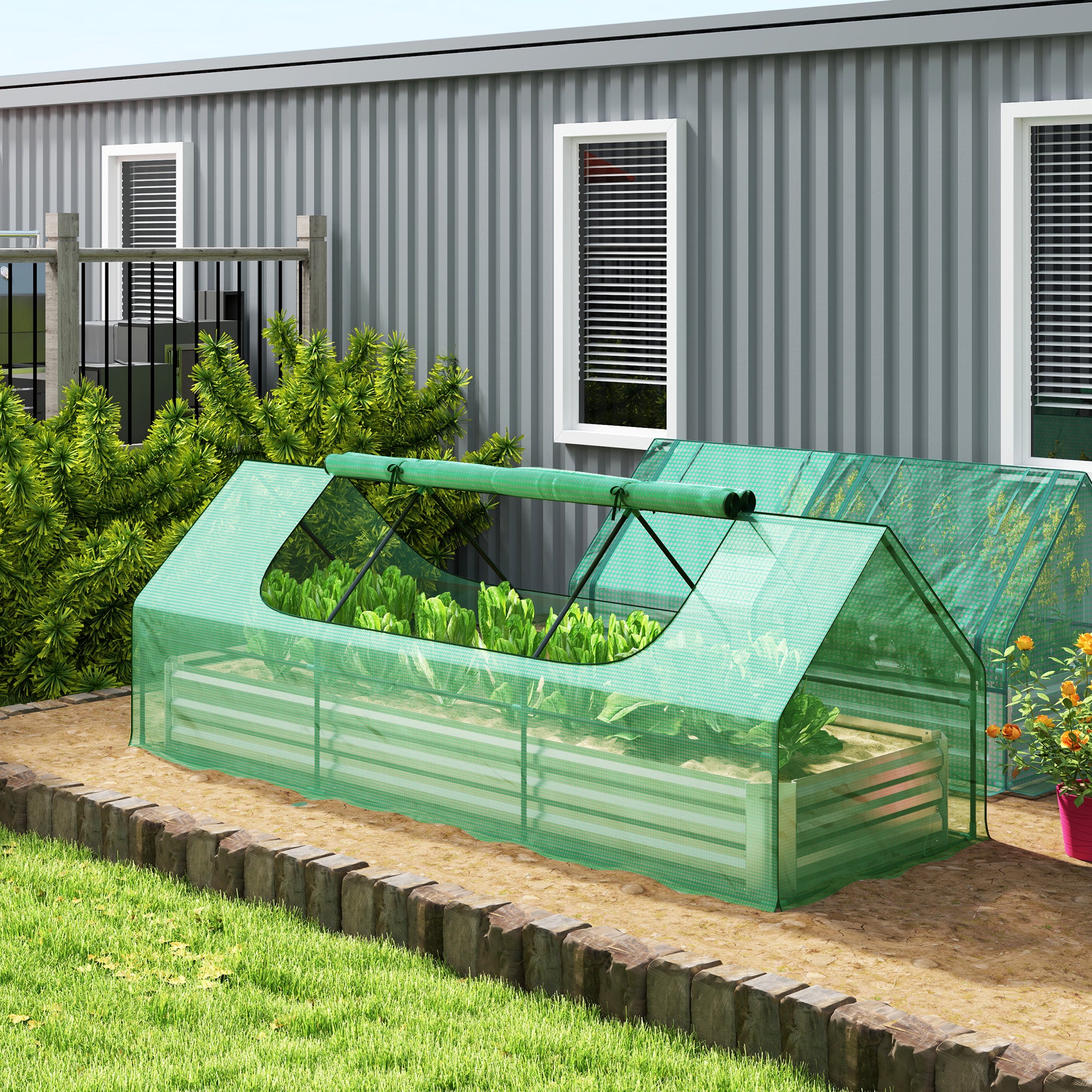 8.6 x 3 x 1ft Metal Planter Box with Mini Greenhouse, Galvanized Raised Garden Bed with Cover for Herbs and Vegetables, Small Greenhouse for Patio Garden Balcony, Green and Silver