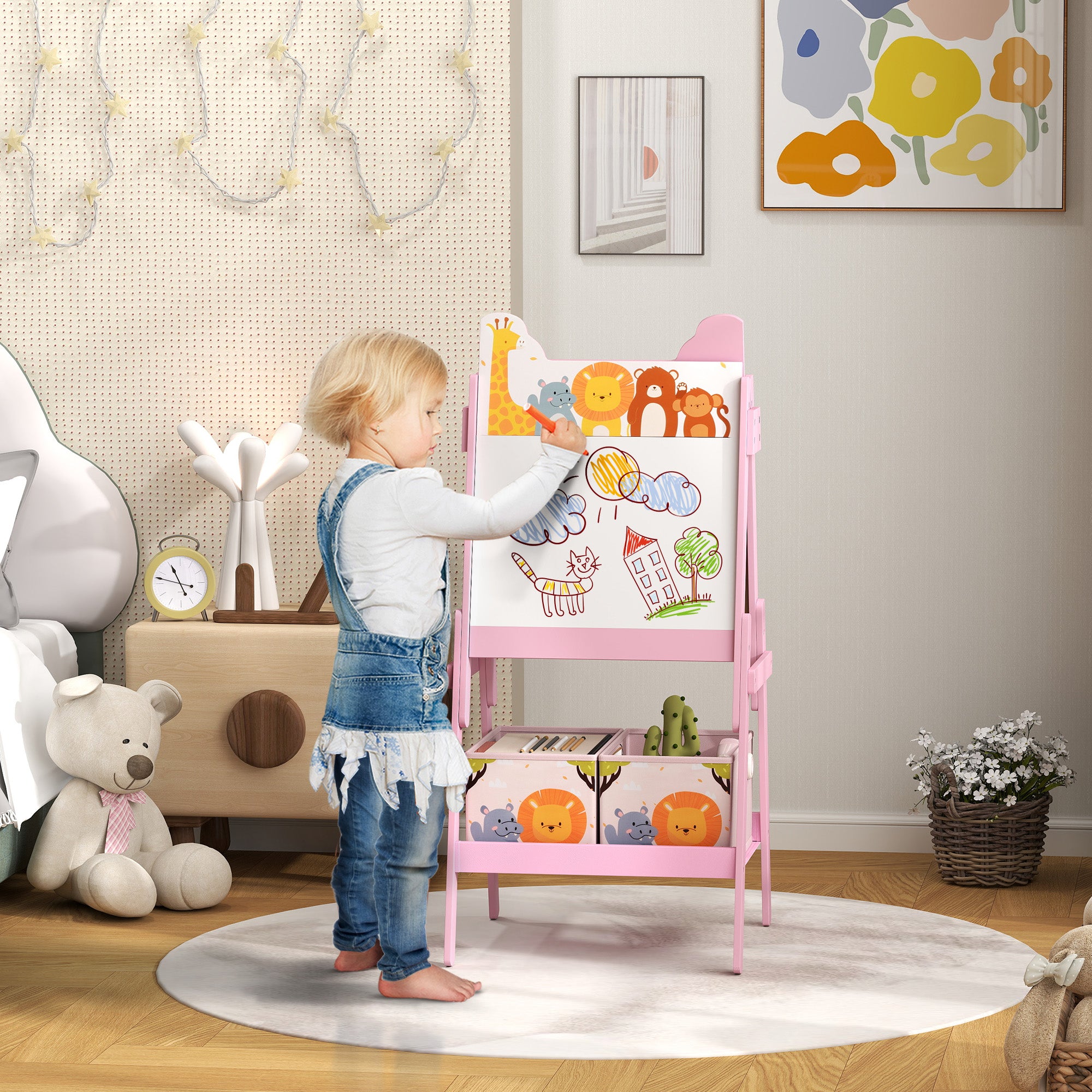 Doubel-Sided Easel for Kids w/ Whiteboard, Chalkboard, Storage Boxes, Blue