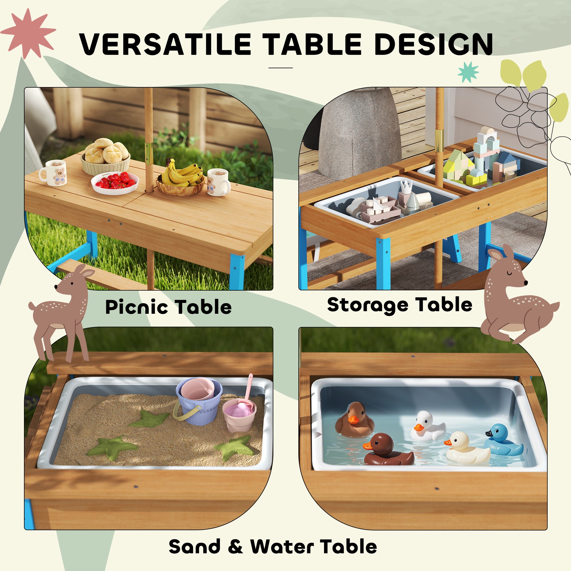 Kids Picnic Table Set with Foldable Umbrella, Removable Cushions & Boxes, Dinosaur Theme, Blue