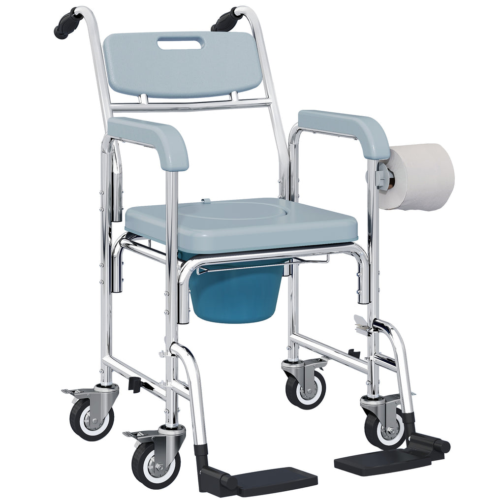 Rolling Shower Wheelchair for Seniors, Bedside Commode Chair with Locking Wheels, Seat, Backrest, Arms, Gray