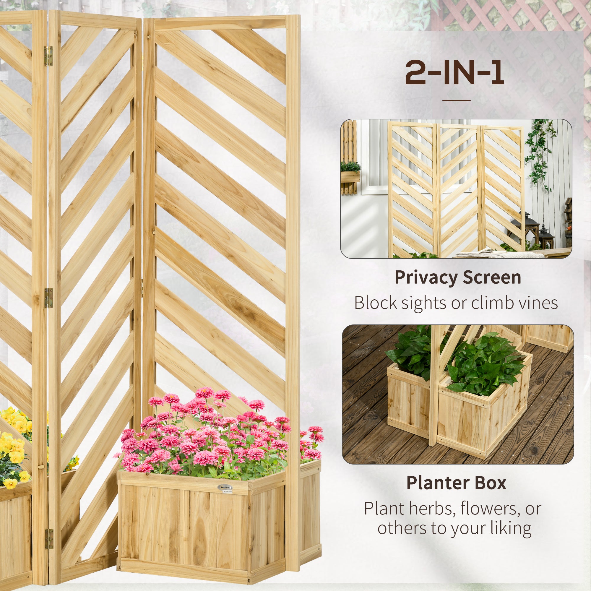 Decorative Outdoor Privacy Screen, Freestanding Divider/Separator with 4 Self-Draining Planters, 3 Trellis Plant Support Panels for Garden Walkway, Backyard, Natural Wood