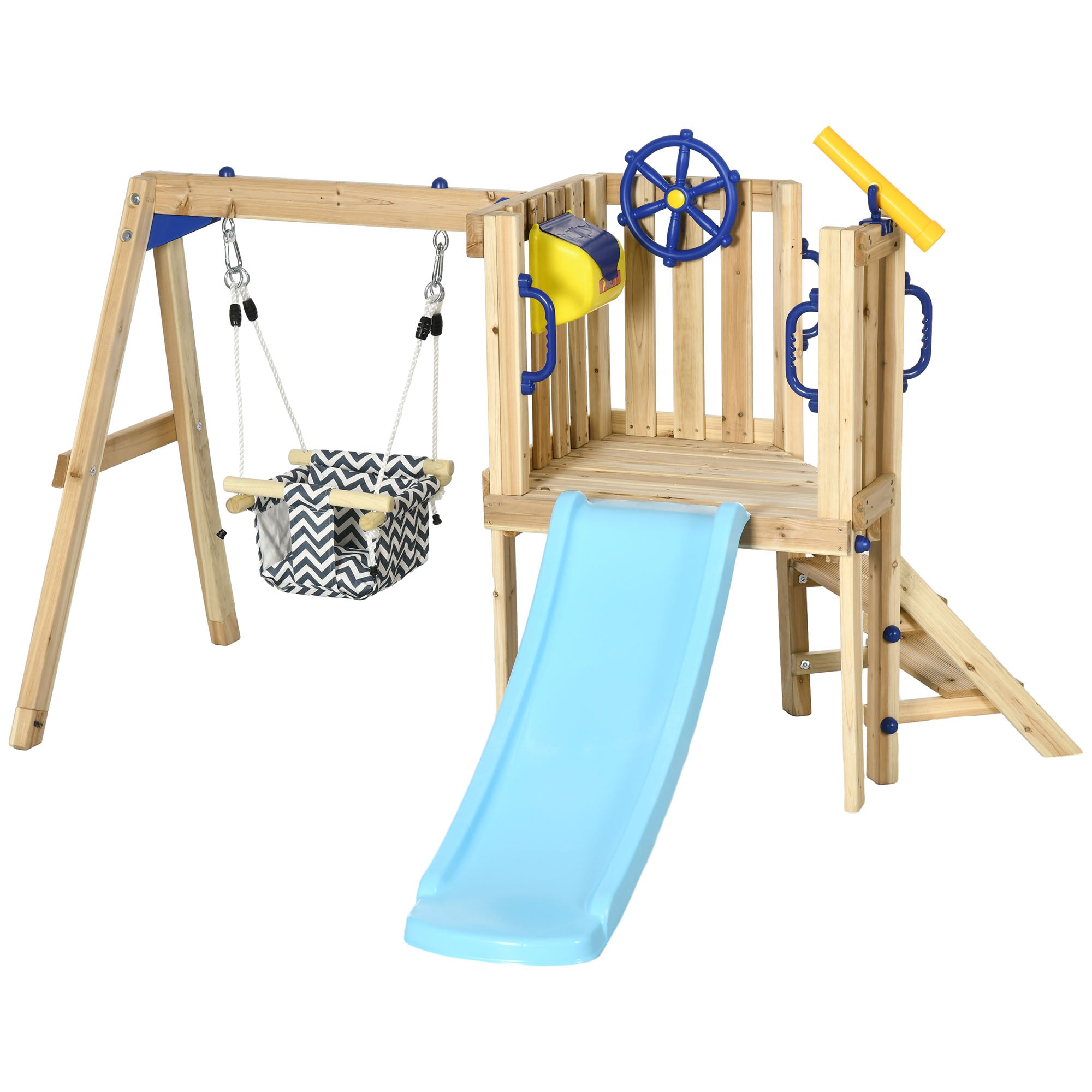 Swing Set for Backyard, Wooden Toddler Outdoor Playset with Baby Swing Seat, Kids Slide, Fort, Playground Equipment with Captain's Wheel, Telescope for Ages 1.5-4, Natural