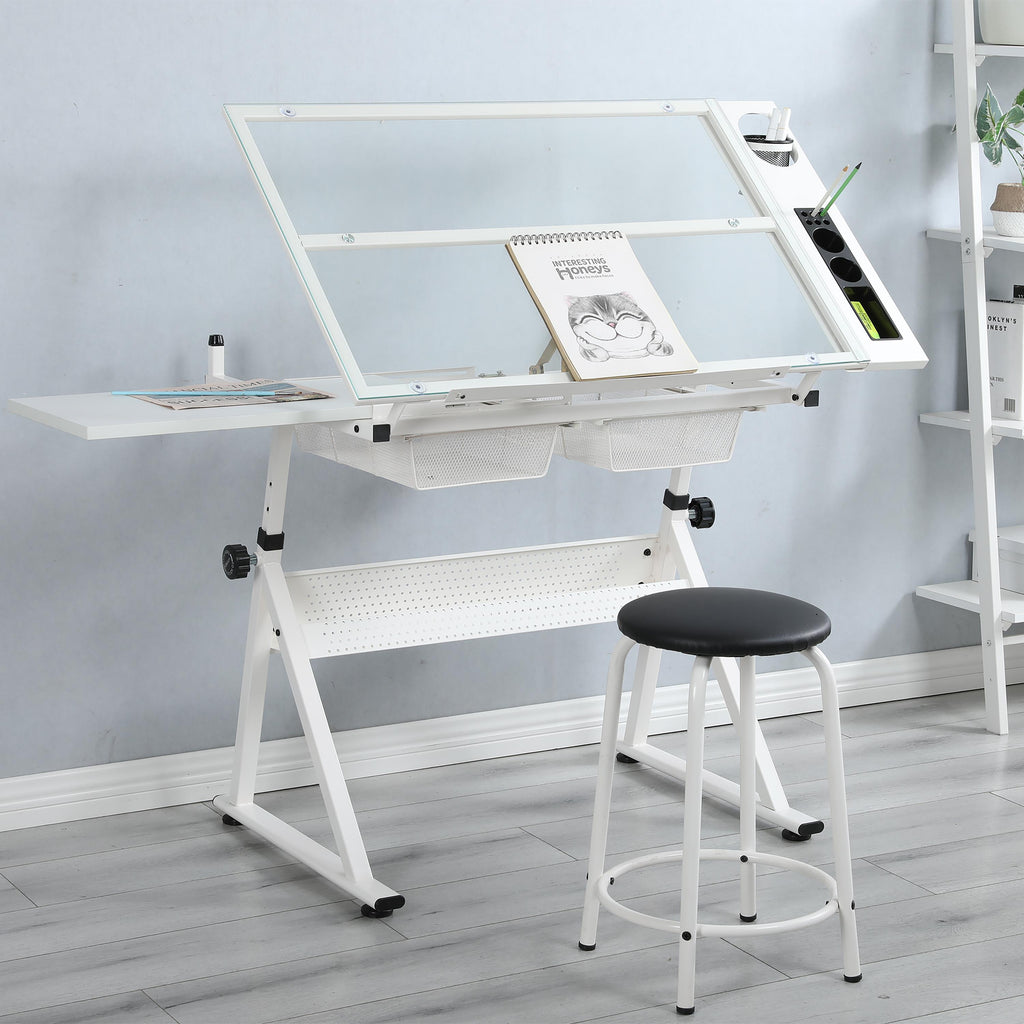 Adjustable Tempered Glass Drafting Table with 2 Metal Drawers, Chair, Powder-Coated Steel Frame Desk for Kids, 40" L x 23.5" W x 27.5" H, White