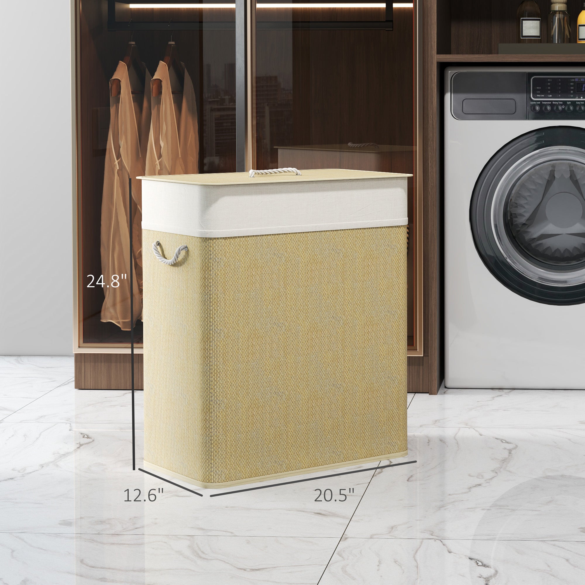 Double Laundry Basket with Lid, 26.4 Gallon Bamboo Laundry Hamper with Rope Handles and Removable Liner, Natural