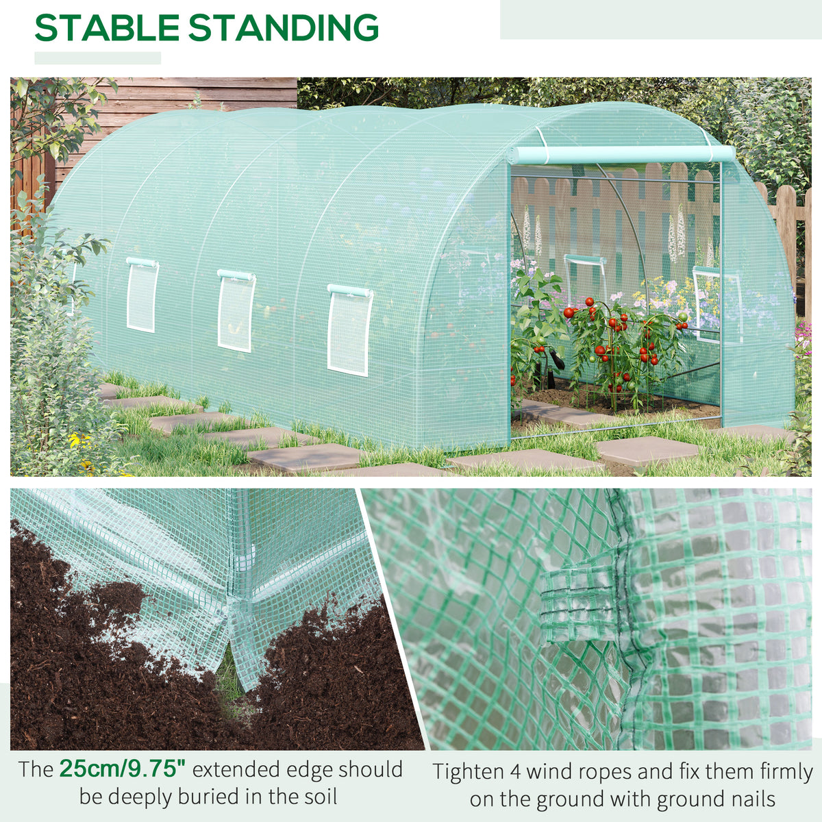 20' x 10' x 7' Walk-In Tunnel Greenhouse with Zippered Door & 8 Mesh Windows, Large Garden Green House Kit, Galvanized Steel Frame, Green