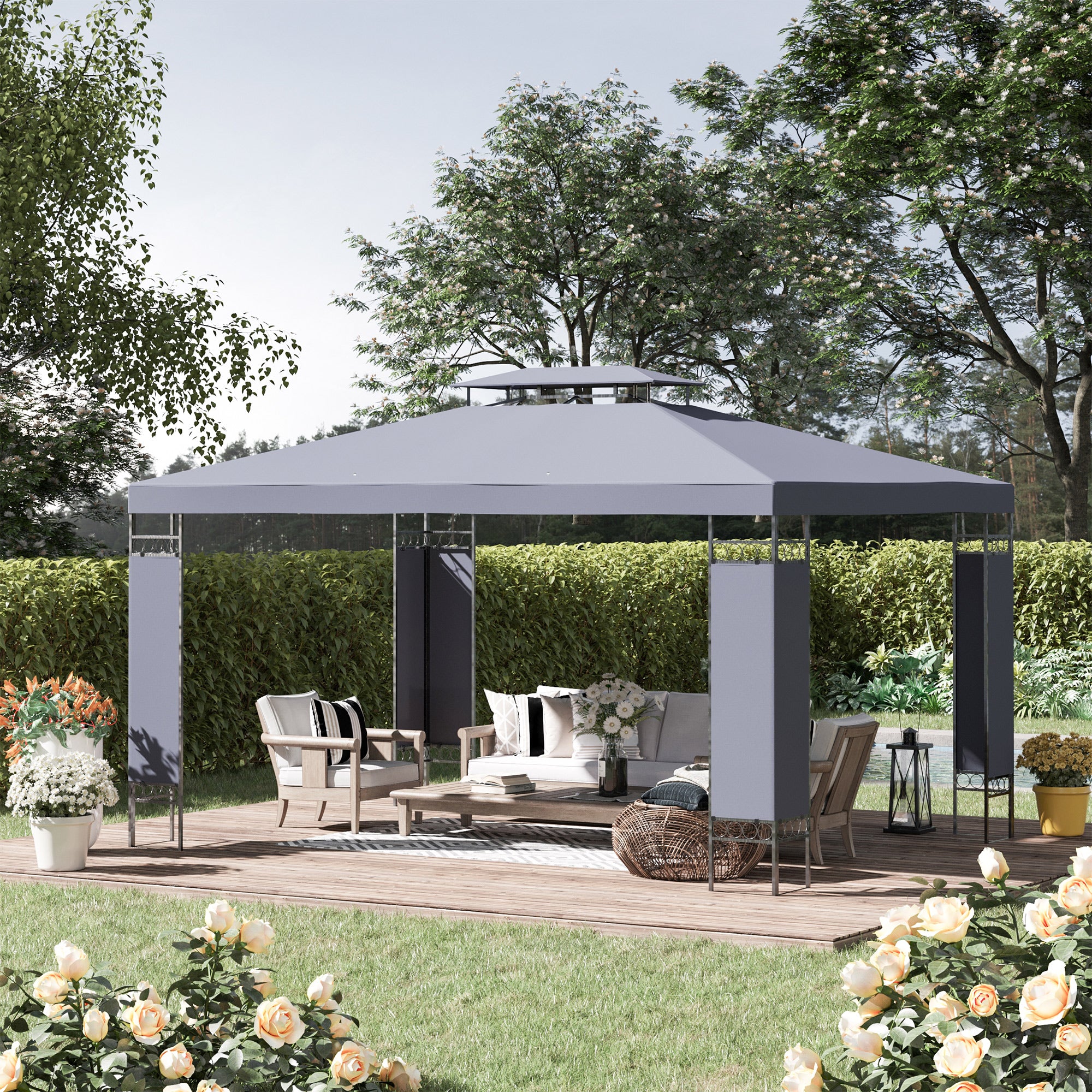 10' x 13' Patio Gazebo, Double Roof Outdoor Gazebo Canopy Shelter with Screen Decorate Corner Frame, for Garden, Lawn, Backyard and Deck, Gray