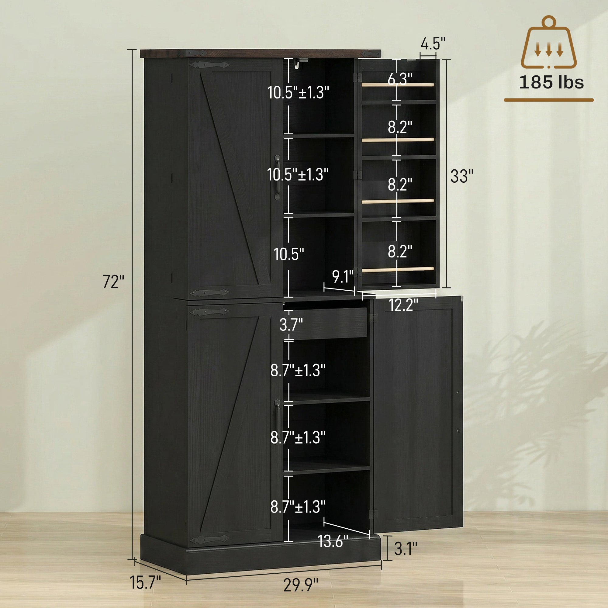 72" Tall Kitchen Pantry Cabinet, Farmhouse Storage Cabinet with 8 Door Racks and Adjustable Shelves, Black