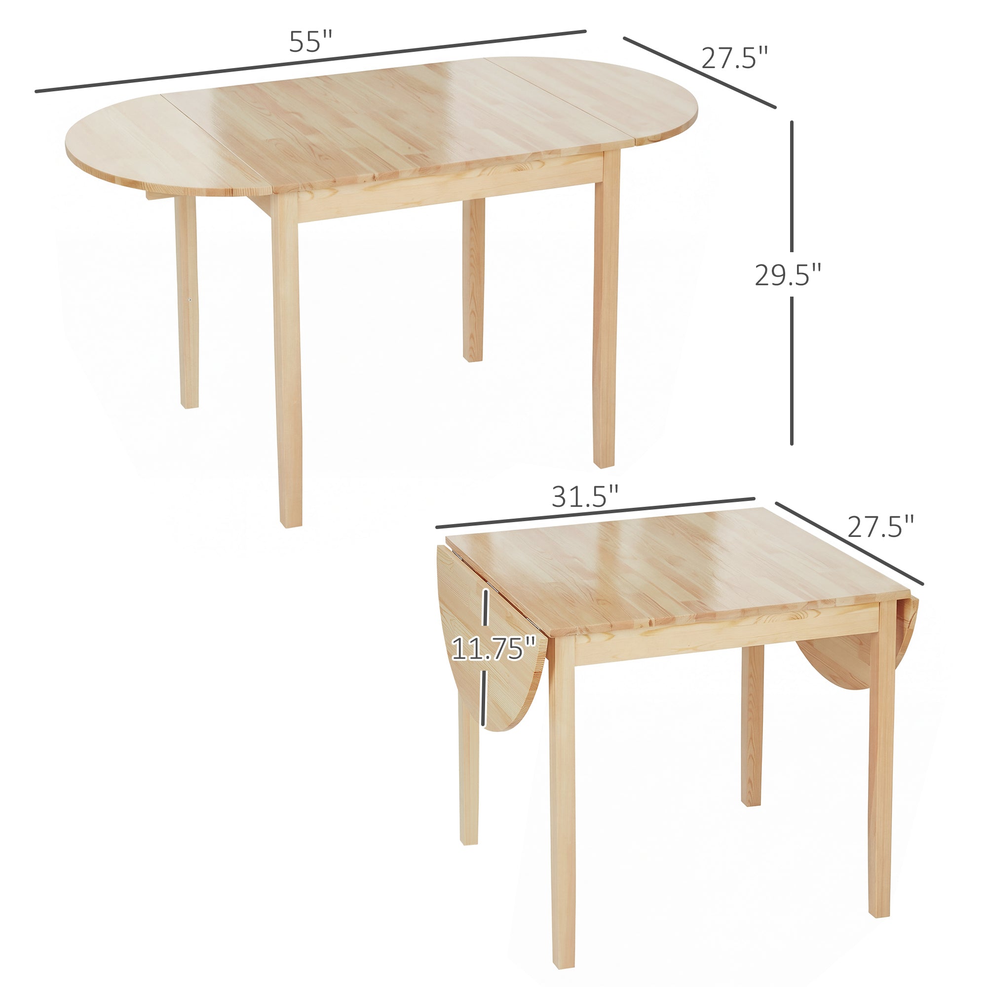 55" Wood Kitchen Table, Drop Leaf Tables for Small Spaces, Natural