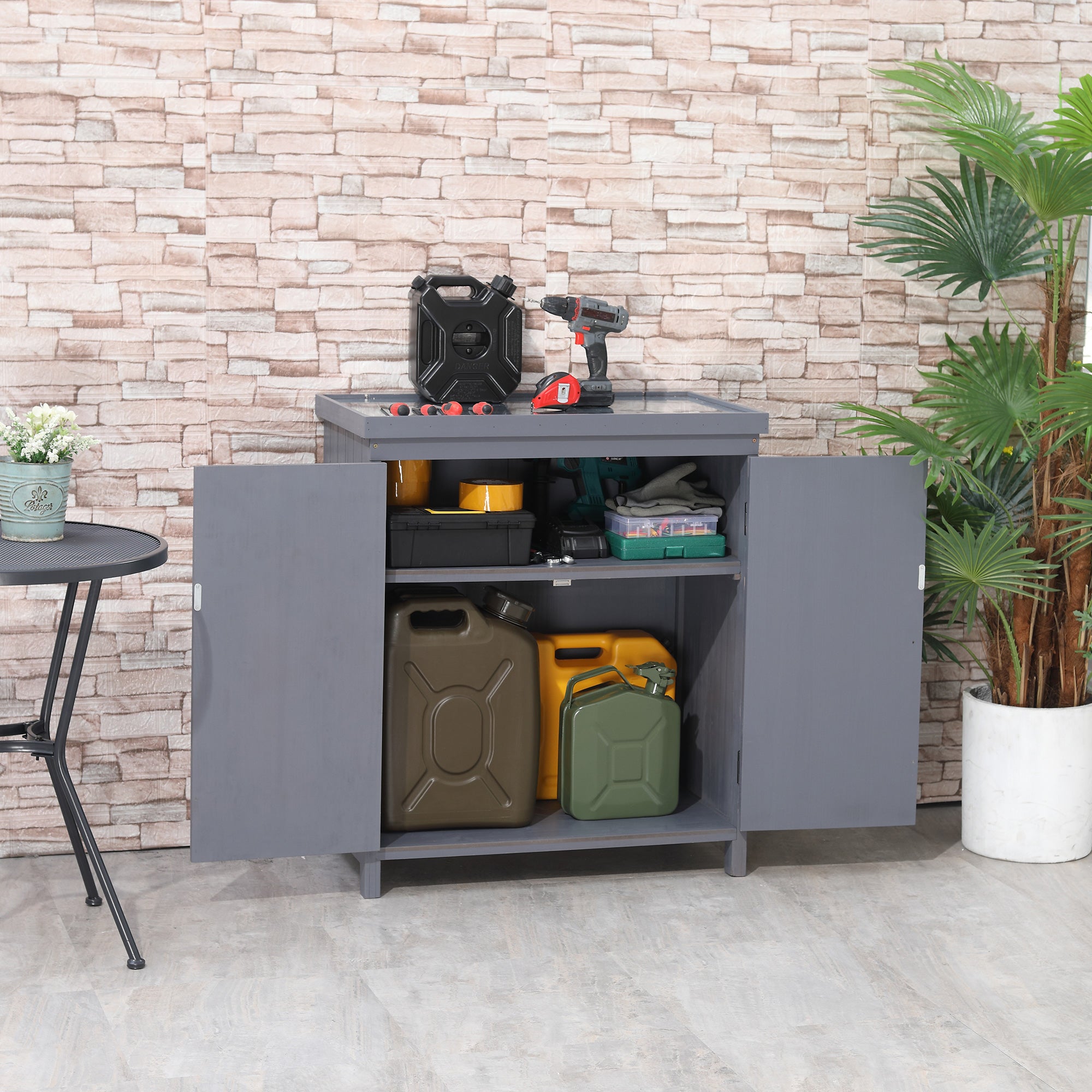 Outdoor Storage Cabinet, Outdoor Tool Shed with Galvanized Top and Two Shelves for Yard Tools or Pool Accessories, Gray