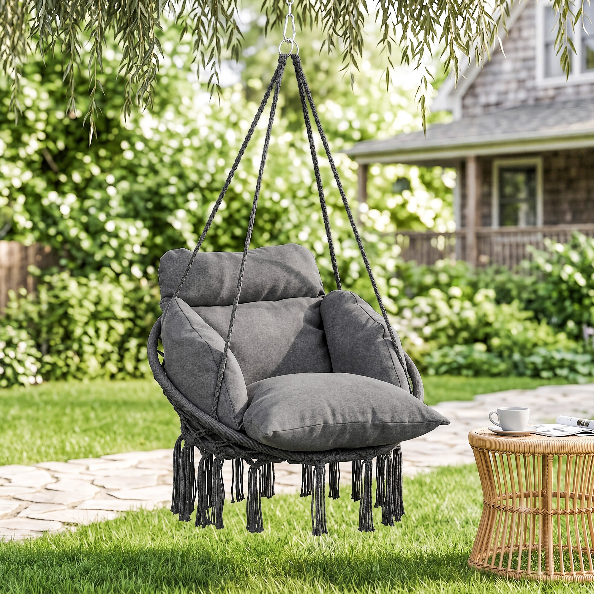 Hammock Swing Chair, Macrame Hanging Chair with Large Cushion, Chain, Steel Frame for Indoor Outdoor Use, Dark Gray