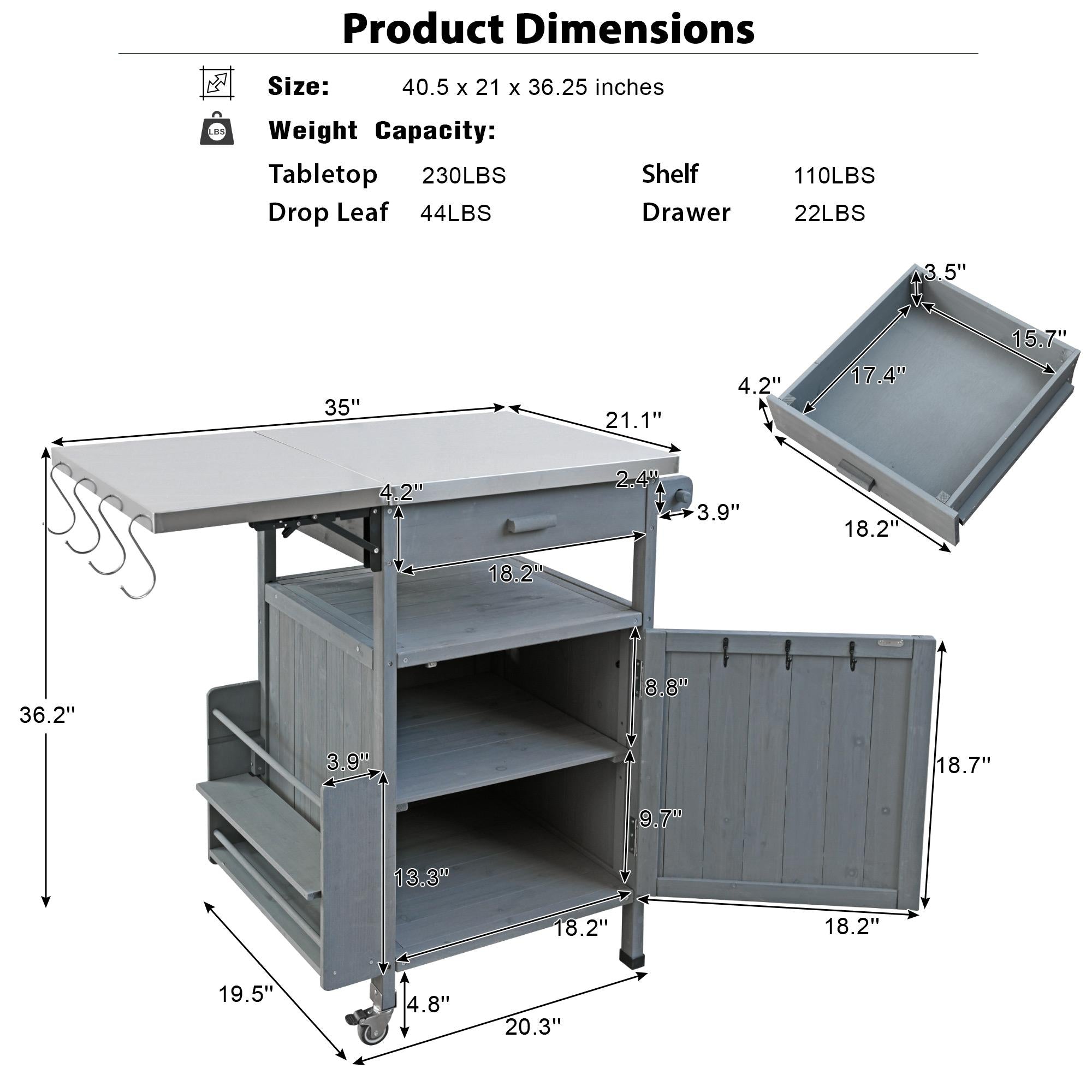 Outdoor Grill Cart with Stainless Steel Top, Storage Cabinet, Drop Leaf, Drawer, Towel Rack, Lockable Wheels, 40.5" L x 21" W x 36.3" H, Blue+Grey