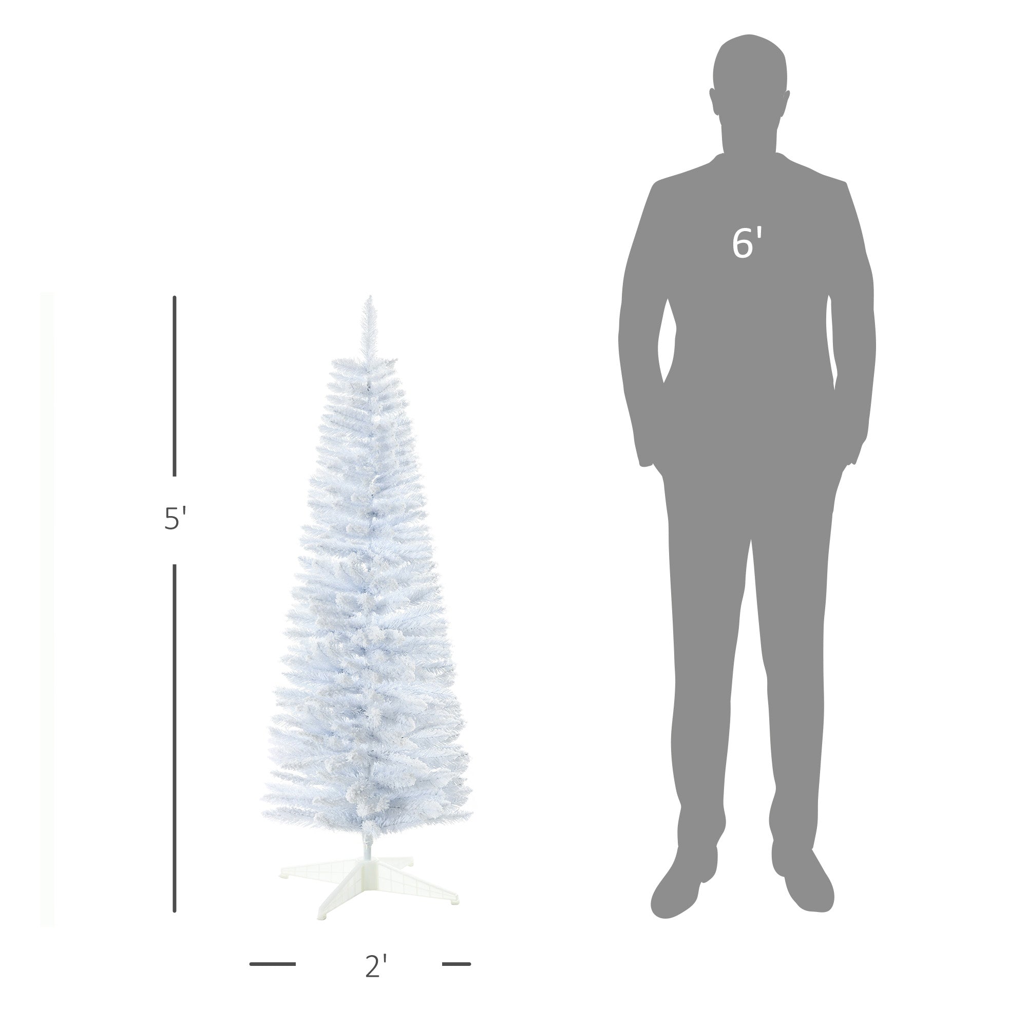 5' Decorated Christmas Tree Snow Flocked Artificial Christmas Tree with Pencil Shape, Realistic Branches, White