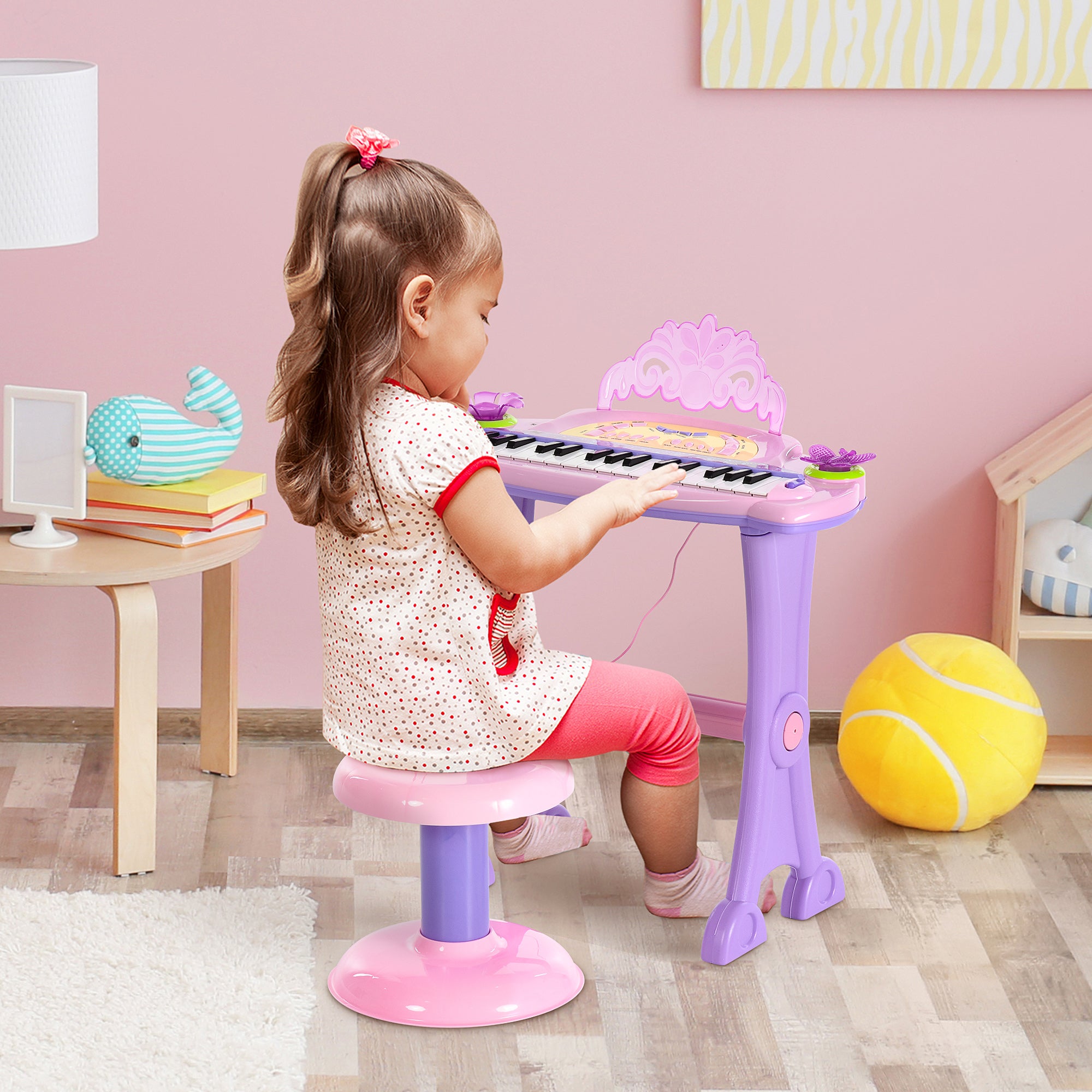 32-Key Princess Electronic Toy Piano for Kids, Educational Keyboard Piano with Stool, MP3, Record, Flashing Lights, Microphone for 3-6 Years, Pink