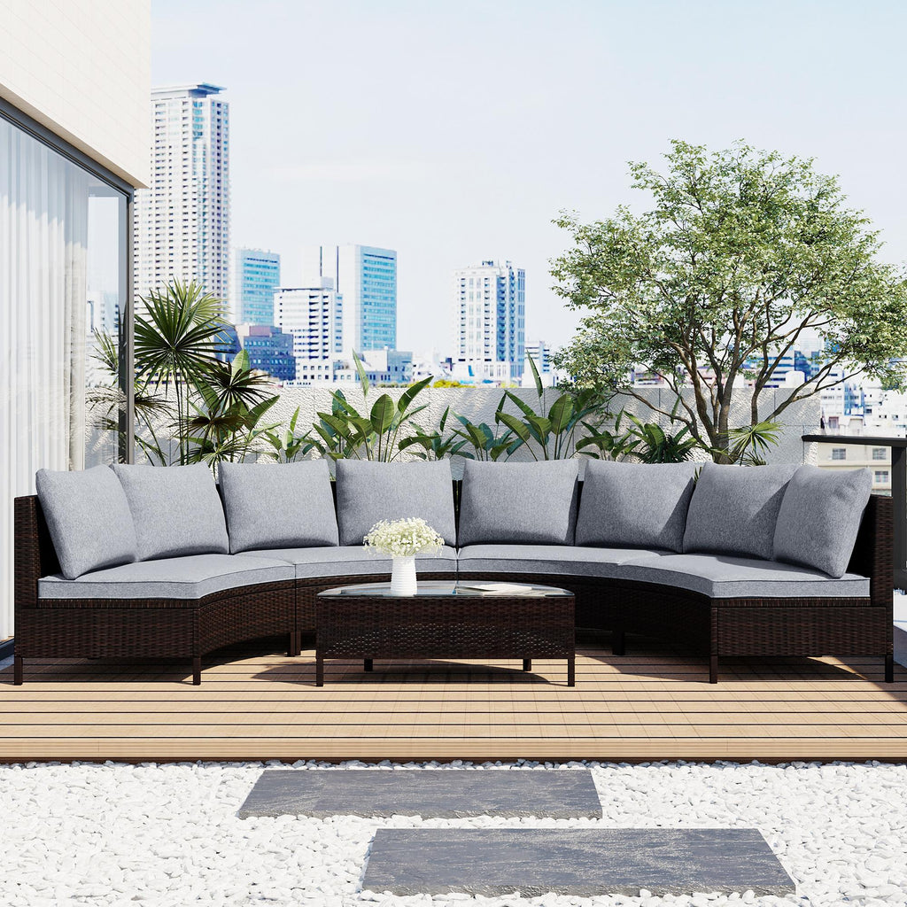 5 Piece Half-Moon Patio Sectional with Glass Table, All-Weather Wicker Sofa with Thick Cushions, 47.5" L x 27" W x 27" H, Grey