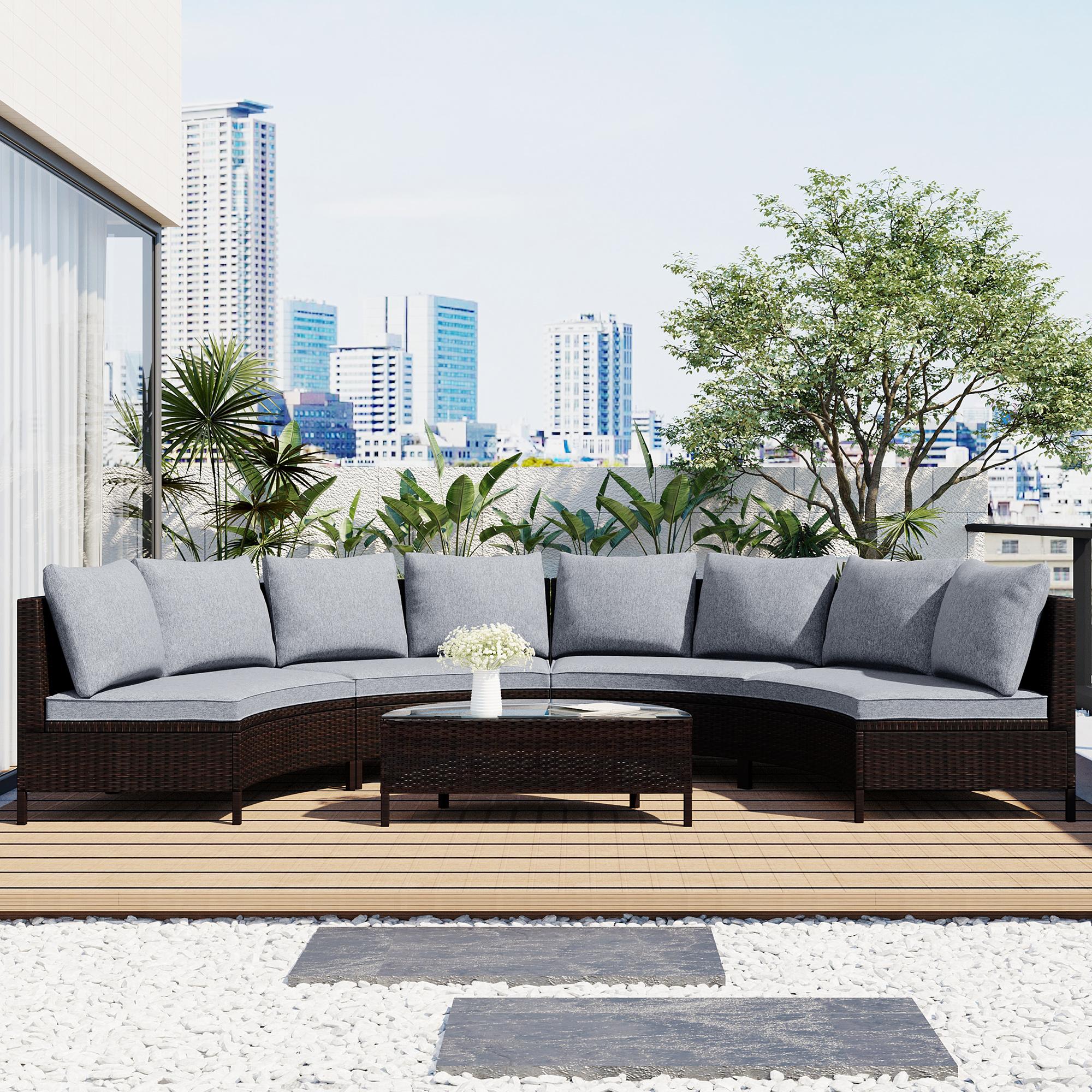 5 Piece Half-Moon Patio Sectional with Glass Table, All-Weather Wicker Sofa with Thick Cushions, 47.5" L x 27" W x 27" H, Grey