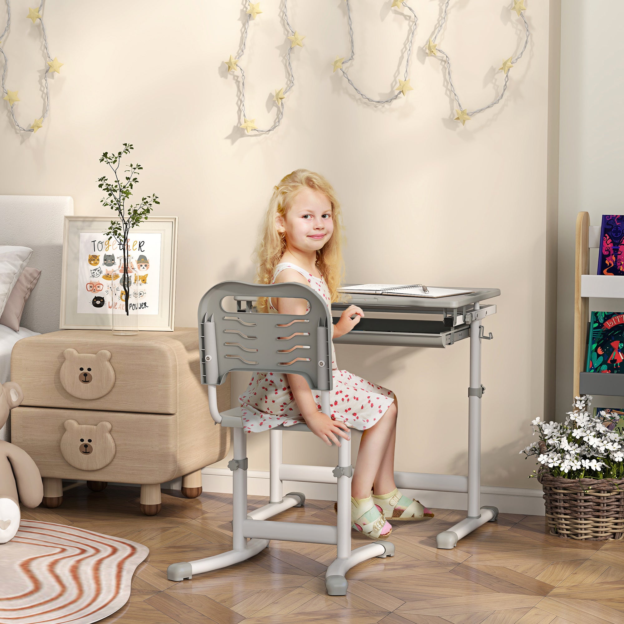 Height Adjustable Kids Desk and Chairs Set with Tilt Desktop, Storage Drawer, Pen Slot, Hook, Gray
