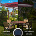 9' x 7' Solar Umbrella, LED Lighted Patio Umbrella for Table or Base with Tilt & Crank, Outdoor Umbrella for Garden, Deck, Backyard, Pool, Beach, Wine Red
