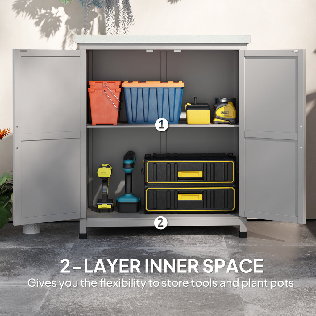Wooden Storage Cabinet, Outdoor Prep Table with Metal Tabletop, Shelves and Double Doors for Patio, Garden, Gray