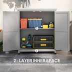Wooden Storage Cabinet, Outdoor Prep Table with Metal Tabletop, Shelves and Double Doors for Patio, Garden, Gray