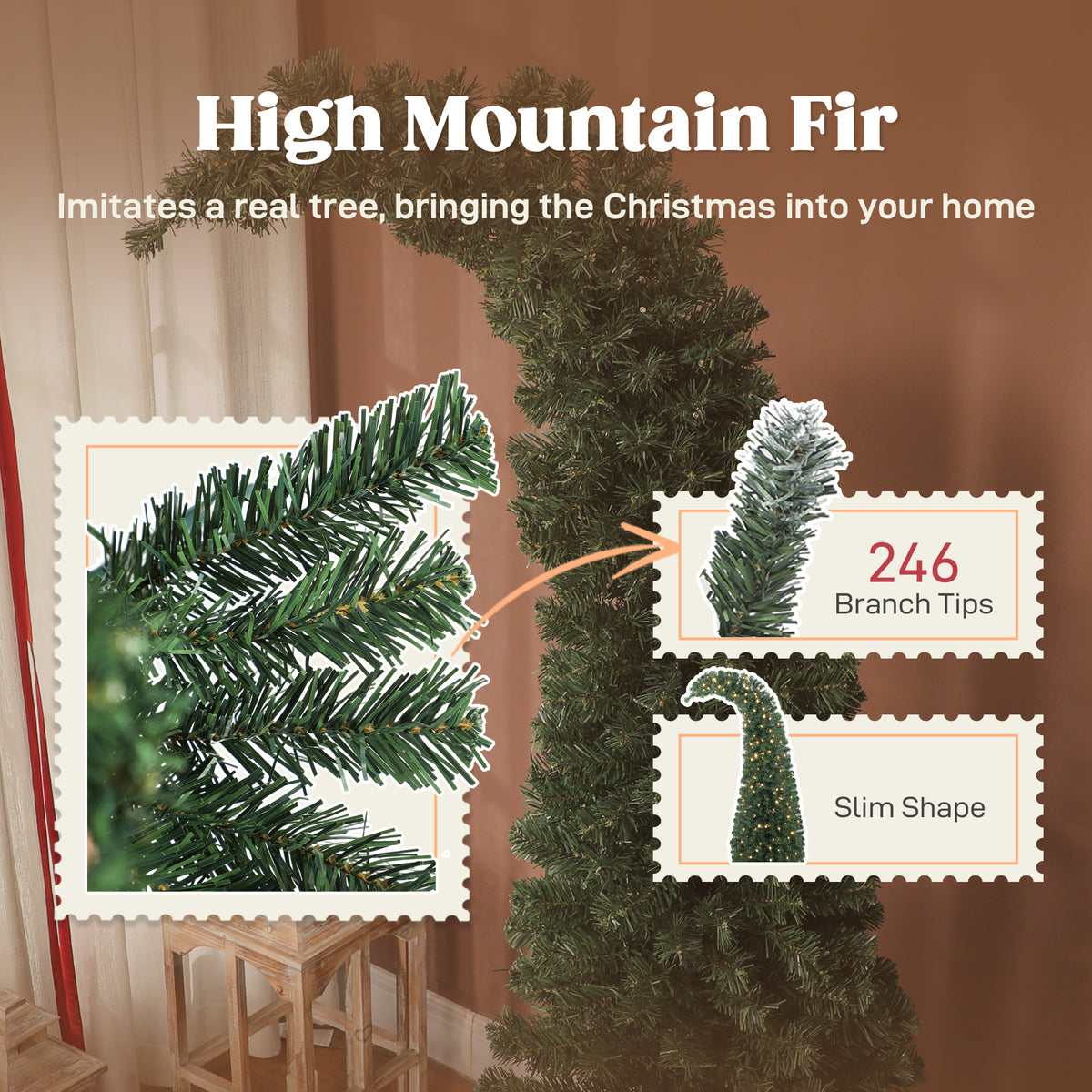 5 ft Prelit Christmas Tree, Whimsical Xmas Tree Slim High Mountain Fir with 100 LEDs and Metal Stand, Green