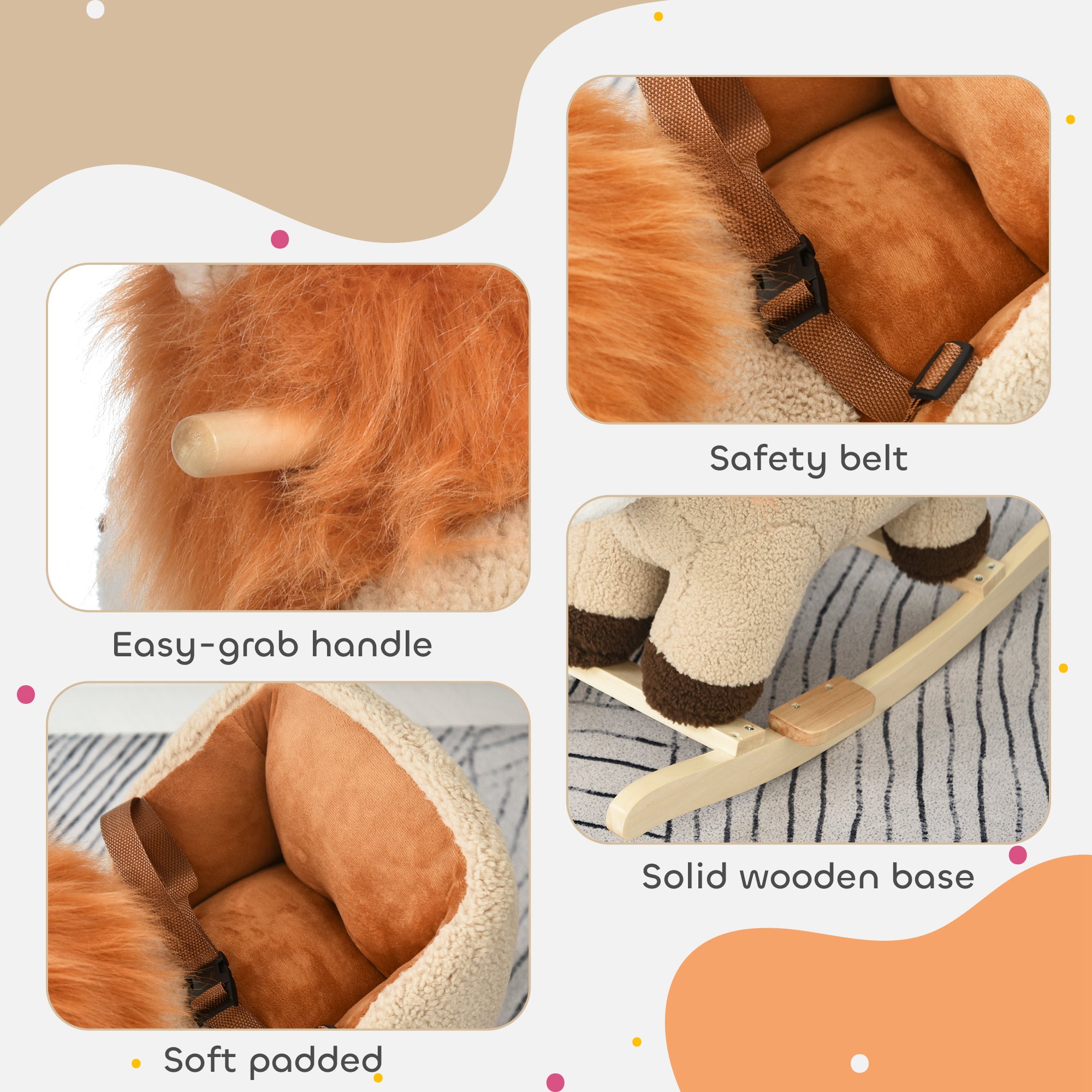Baby Rocking Horse Lion with Sound, Plush Stuffed Rocking Animals, Wooden Rocking Horse with Seat Belt for 18-36 Months Boys and Girls Gift, Brown