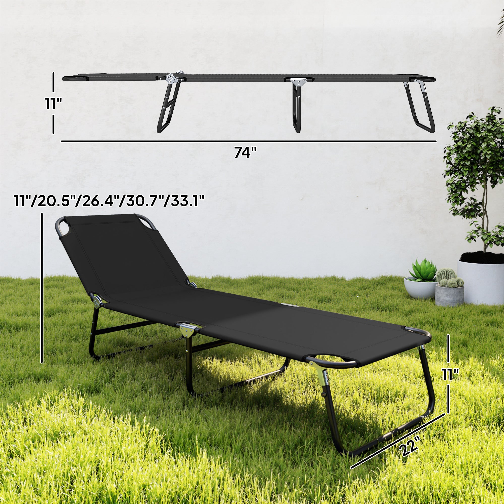 Folding Chaise Lounge Pool Chairs, Outdoor Sun Tanning Chairs with 5-Level Reclining Back, Steel Frame for Beach, Yard, Patio, Black