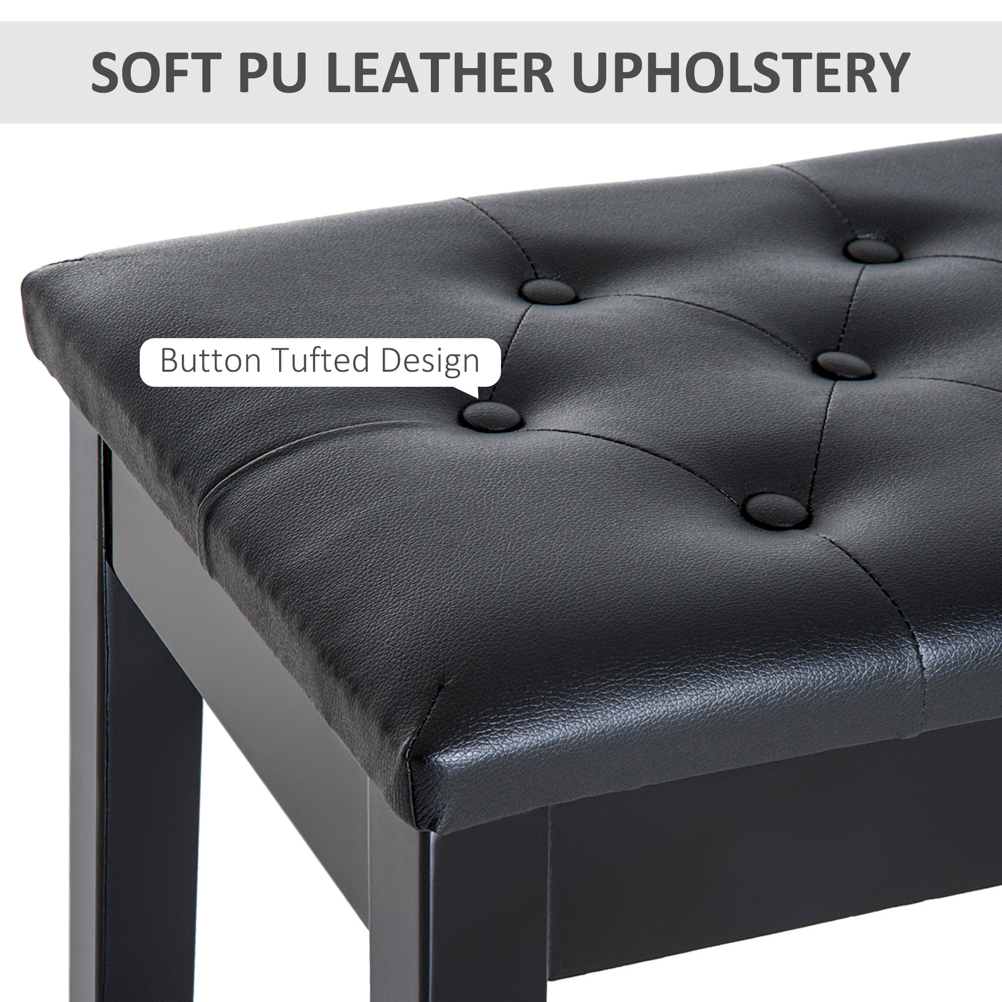 Piano Bench, Duet Piano Chair with Faux Leather Padded Cushion and Wooden Frame, Button Tufted Keyboard Bench, Black