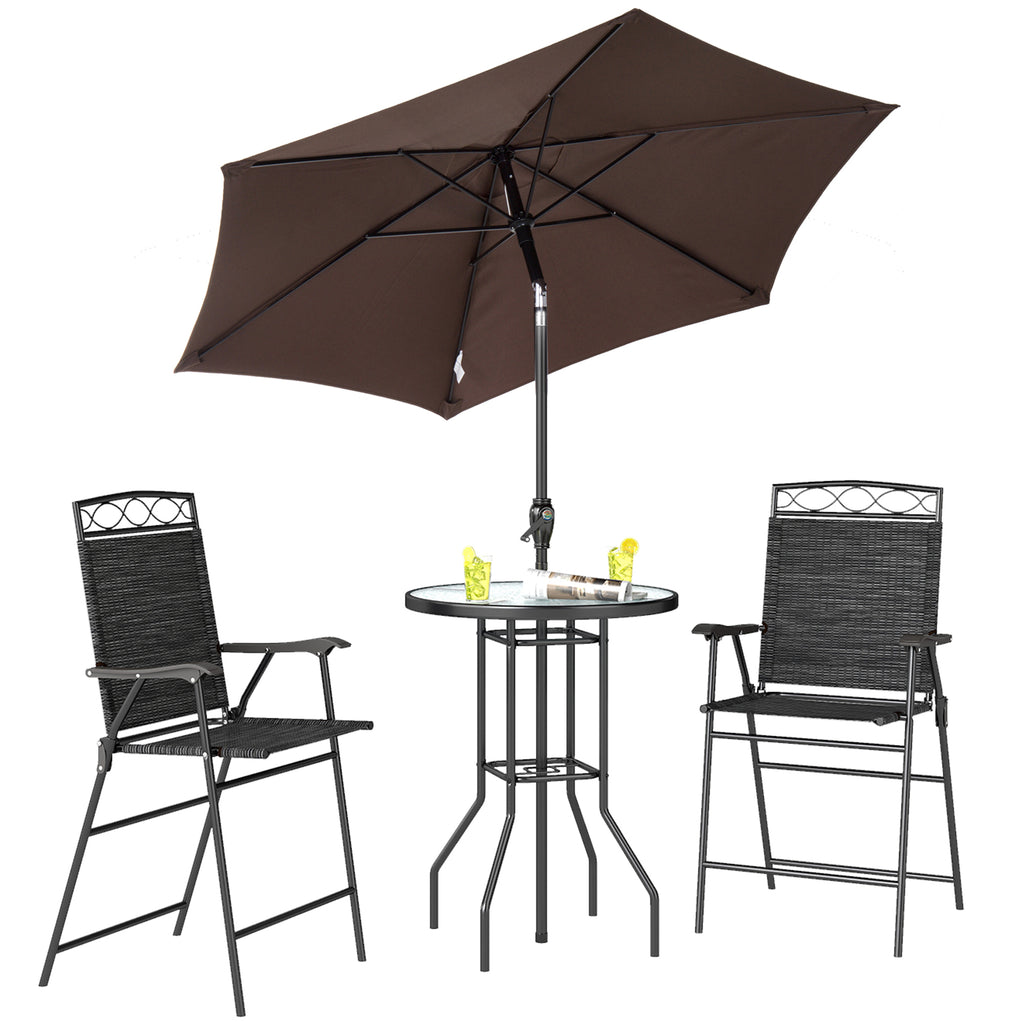 4 Piece Outdoor Bar Set with Umbrella, Patio Dining Set with 2 Folding Chairs, Wave Textured Tempered Glass Table for Backyard, Garden, Deck, Poolside, Black