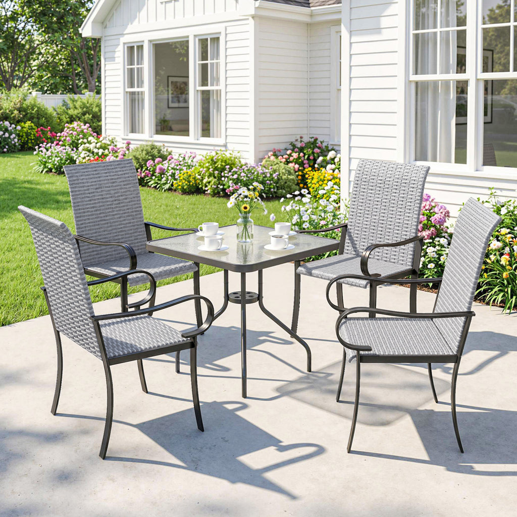 Set of 4 Outdoor Wicker Dining Chairs with Armrest, Steel Frame, High Back and Deep Seating, Gray