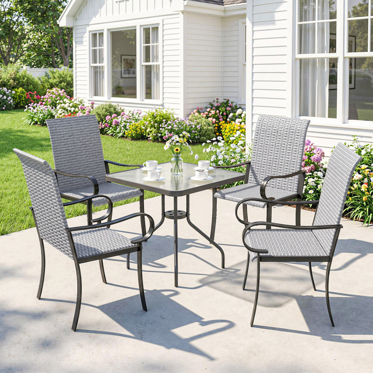 Set of 4 Outdoor Wicker Dining Chairs with Armrest, Steel Frame, High Back and Deep Seating, Gray