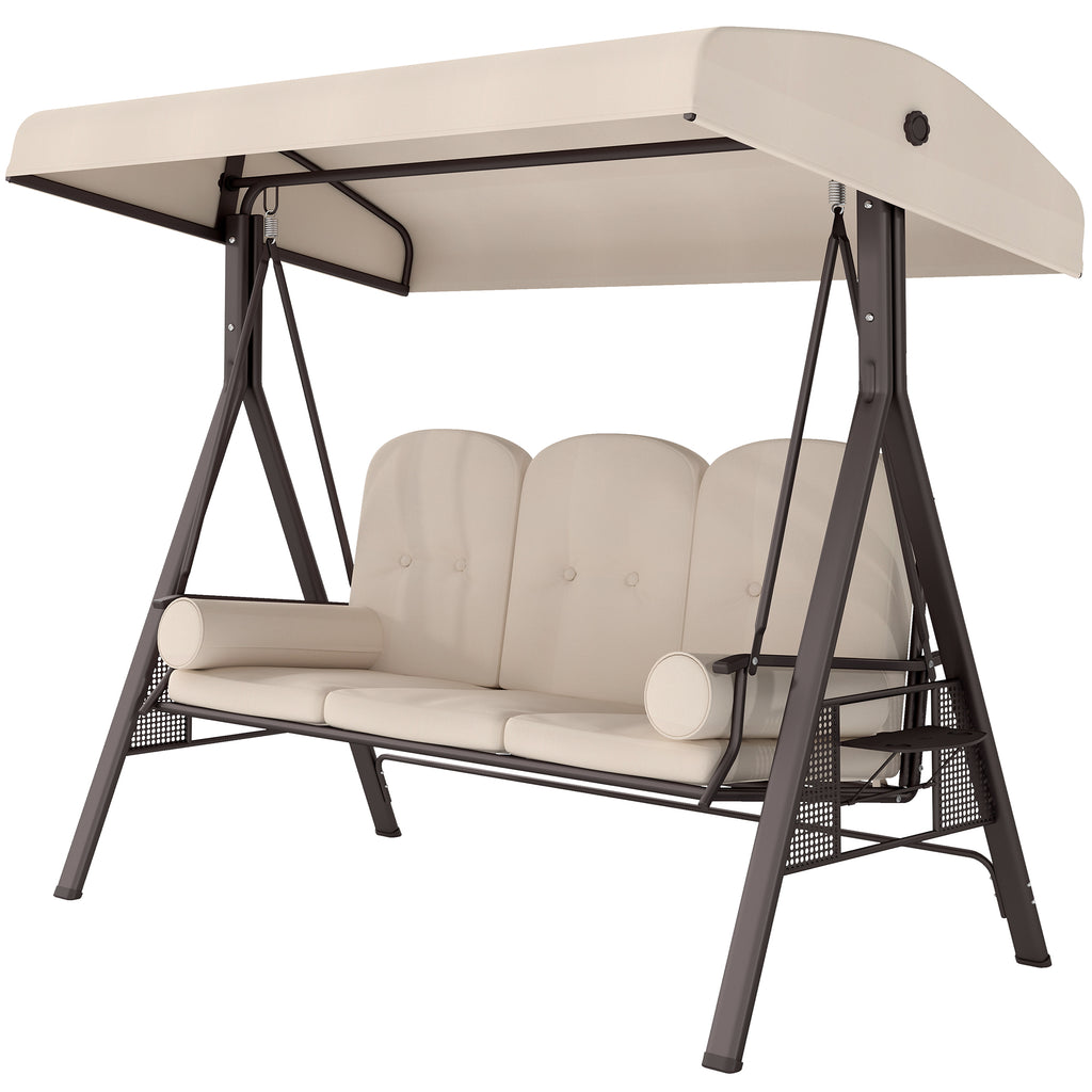 3-Seat Patio Swing Chair, Outdoor Porch Swing Glider with Adjustable Canopy, Removable Cushion, Pillows and Side Trays, for Garden, Poolside, Backyard, Beige
