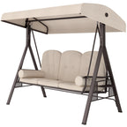3-Seat Patio Swing Chair, Outdoor Porch Swing Glider with Adjustable Canopy, Removable Cushion, Pillows and Side Trays, for Garden, Poolside, Backyard, Beige