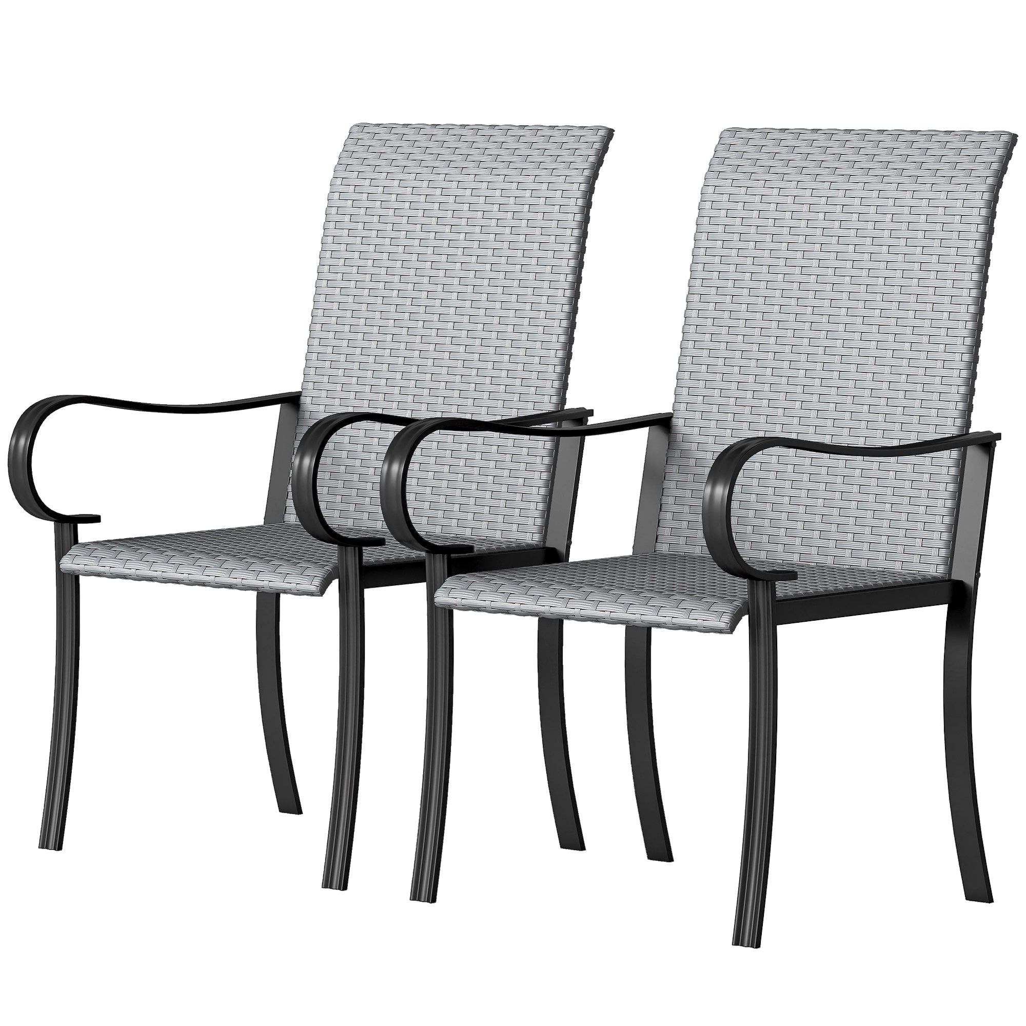Set of 2 Outdoor Wicker Dining Chairs with Armrest, Steel Frame, High Back and Deep Seating, Gray