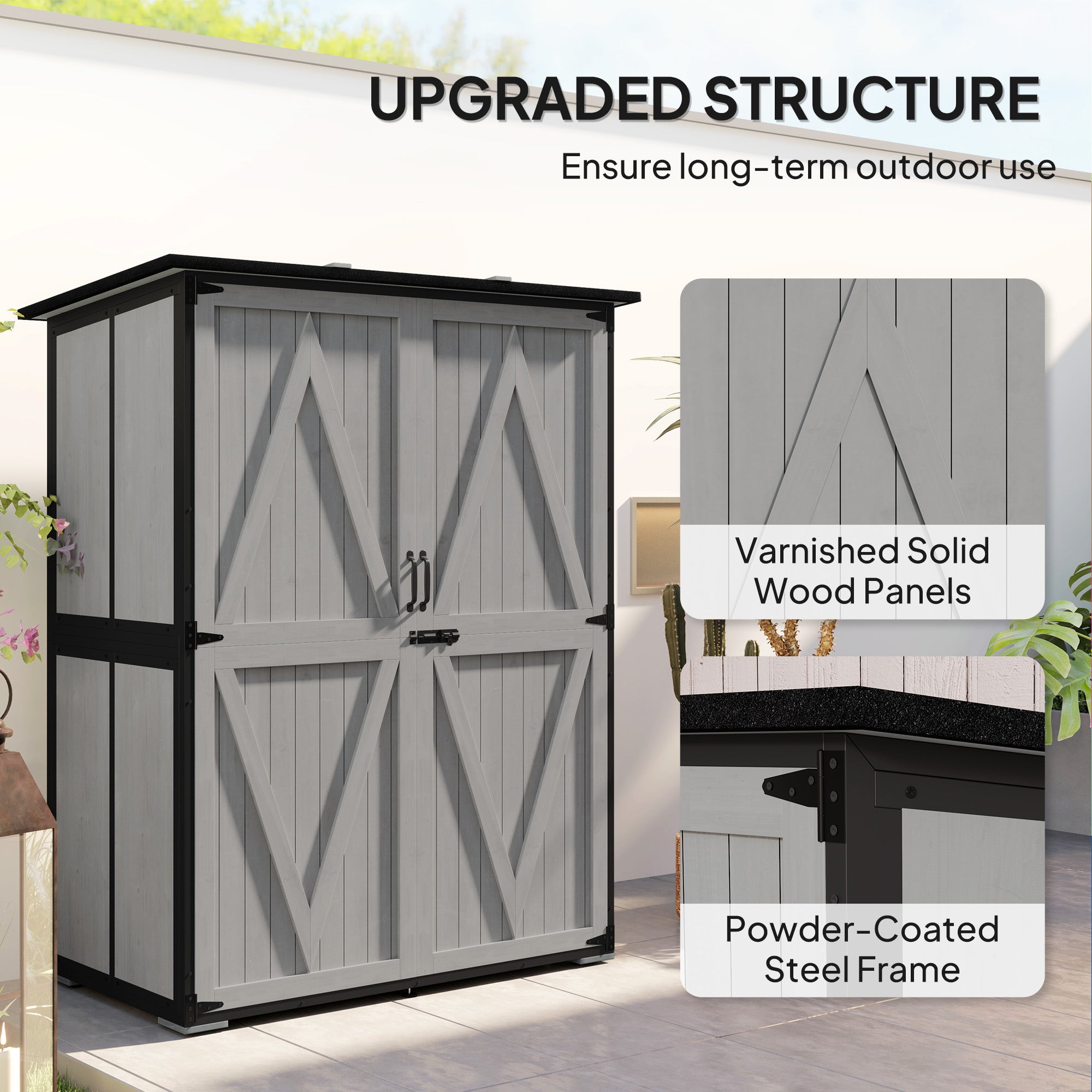 Wood Storage Shed, Outdoor Garden Shed with Asphalt Roof, 2 Shelves, Lockable Doors and Adjustable Feet, Gray