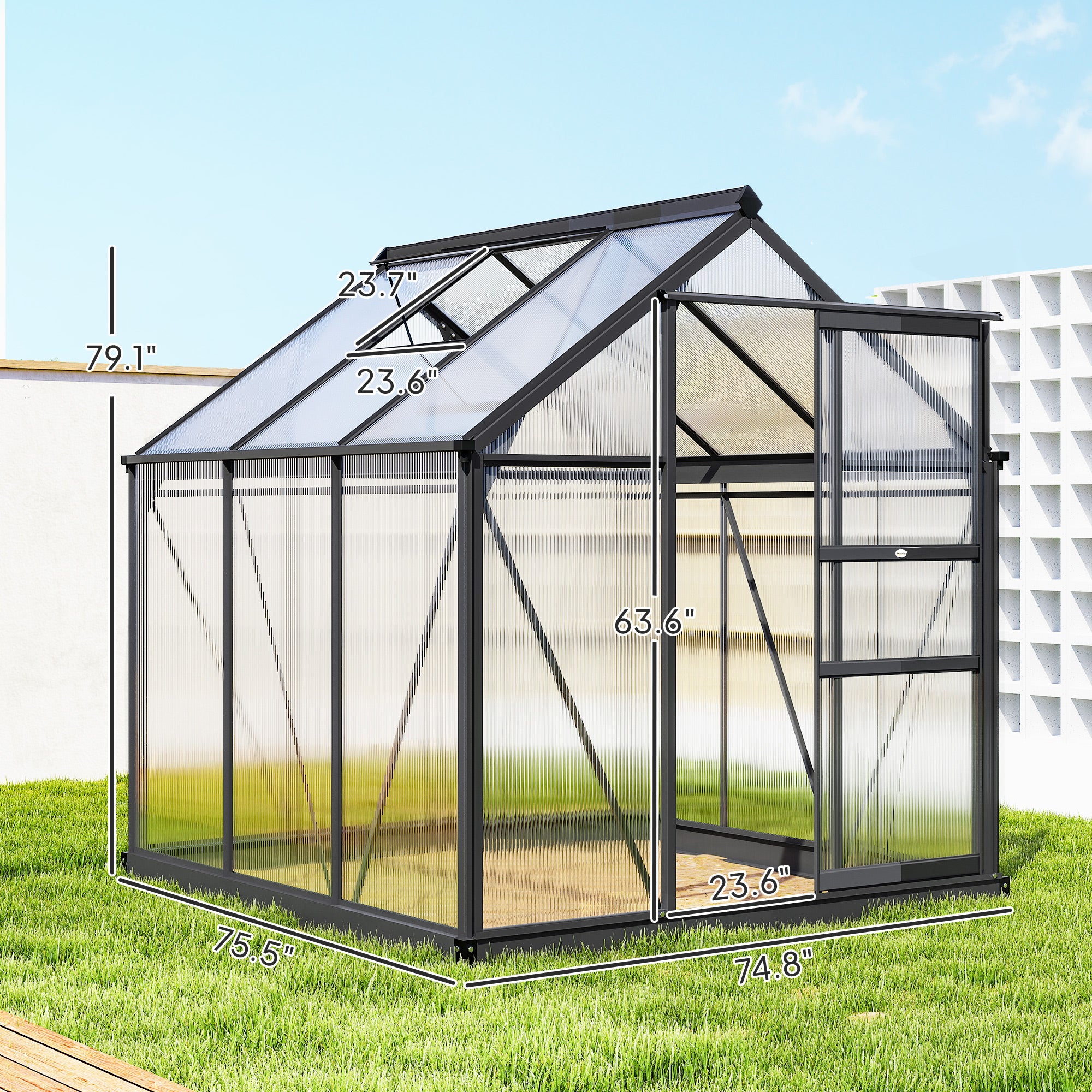 Polycarbonate Greenhouse, Heavy Duty Outdoor Aluminum Walk-in Green House Kit Vent Door, 6.2'x6.2'x6.6' Gray