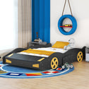 Full Size Race Car-Shaped Platform Bed with Wheels and Storage, Solid Wood and MDF, 90.5" L x 55" W x 15.5" H, Black