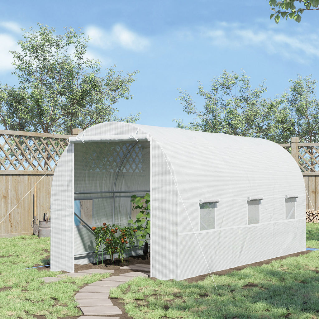 15' x 7' x 7' Walk-In Tunnel Greenhouse, Large Garden Hot House Kit with 6 Roll-up Windows & Roll Up Door, Steel Frame, White