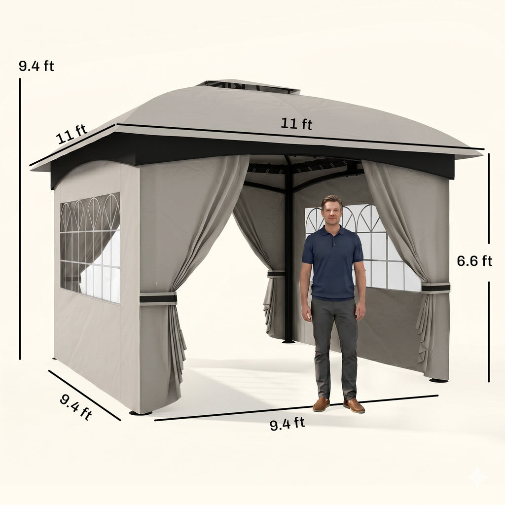 11' x 11' Outdoor Gazebo, Double Roof Patio Gazebo with Curtains, Church Windows, Galvanized Steel Frame, Light Gray