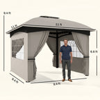 11' x 11' Outdoor Gazebo, Double Roof Patio Gazebo with Curtains, Church Windows, Galvanized Steel Frame, Light Gray