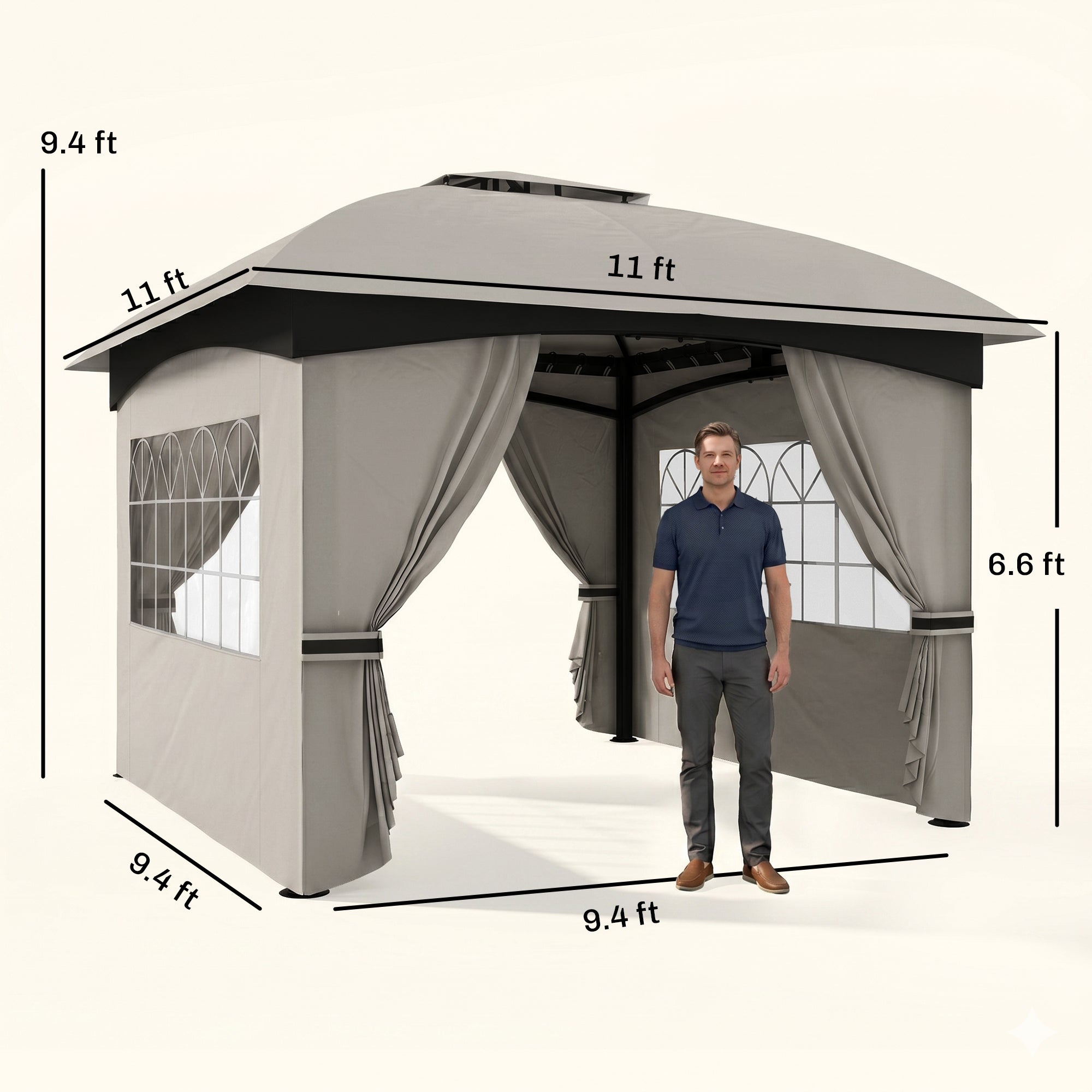 11' x 11' Outdoor Gazebo, Double Roof Patio Gazebo with Curtains, Church Windows, Galvanized Steel Frame, Light Gray