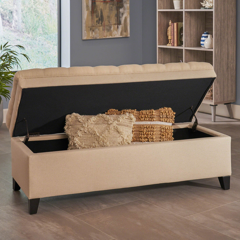 Storage Ottoman with Birch Legs, Hand-Tufted Fabric, 50" L x 20.5" W x 18.25" H, Spot Clean, Beige