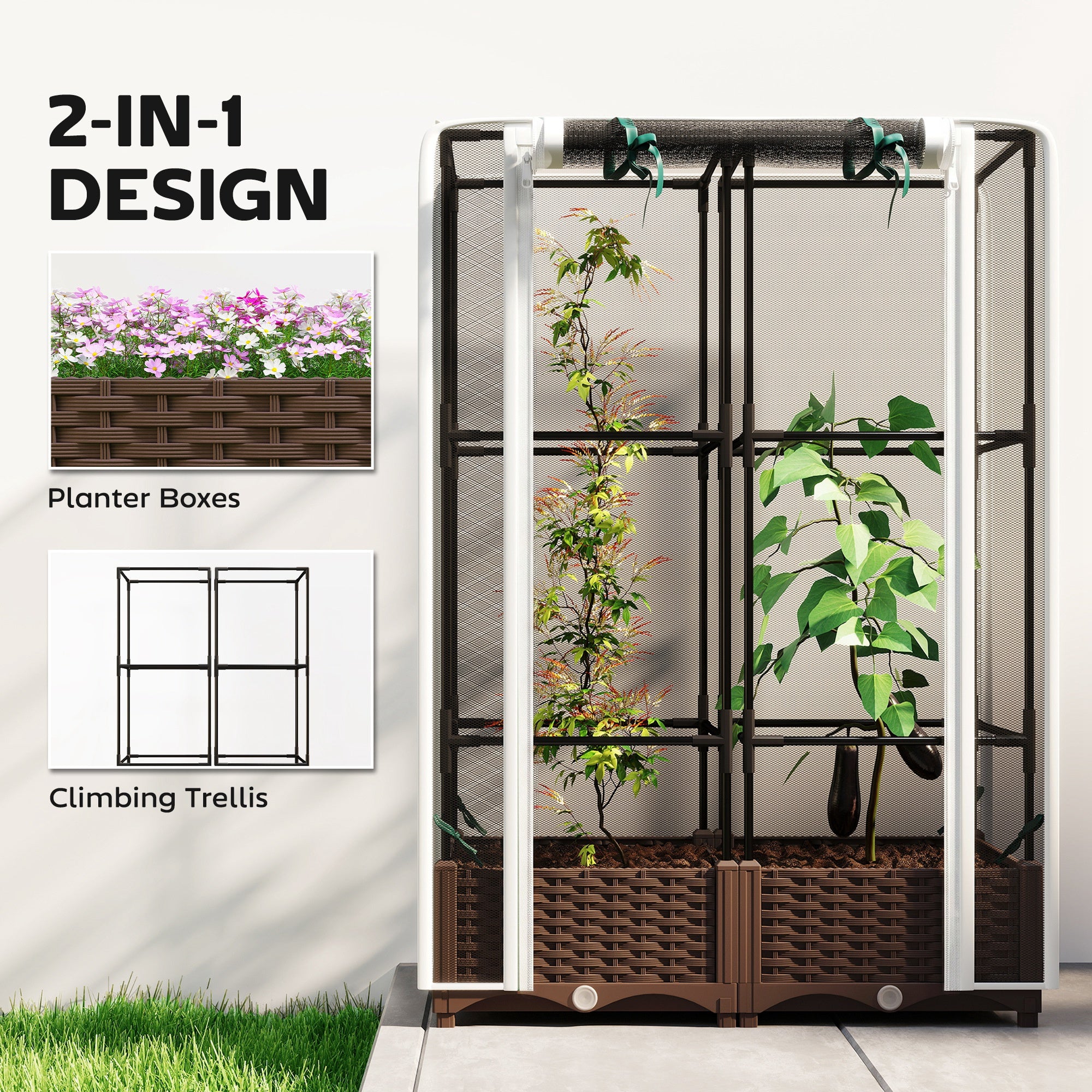 Raised Garden Bed with Trellis, 46.5" Tomato Cage with Crop Cage, Self Watering Planter Box with Drainage Holes, White