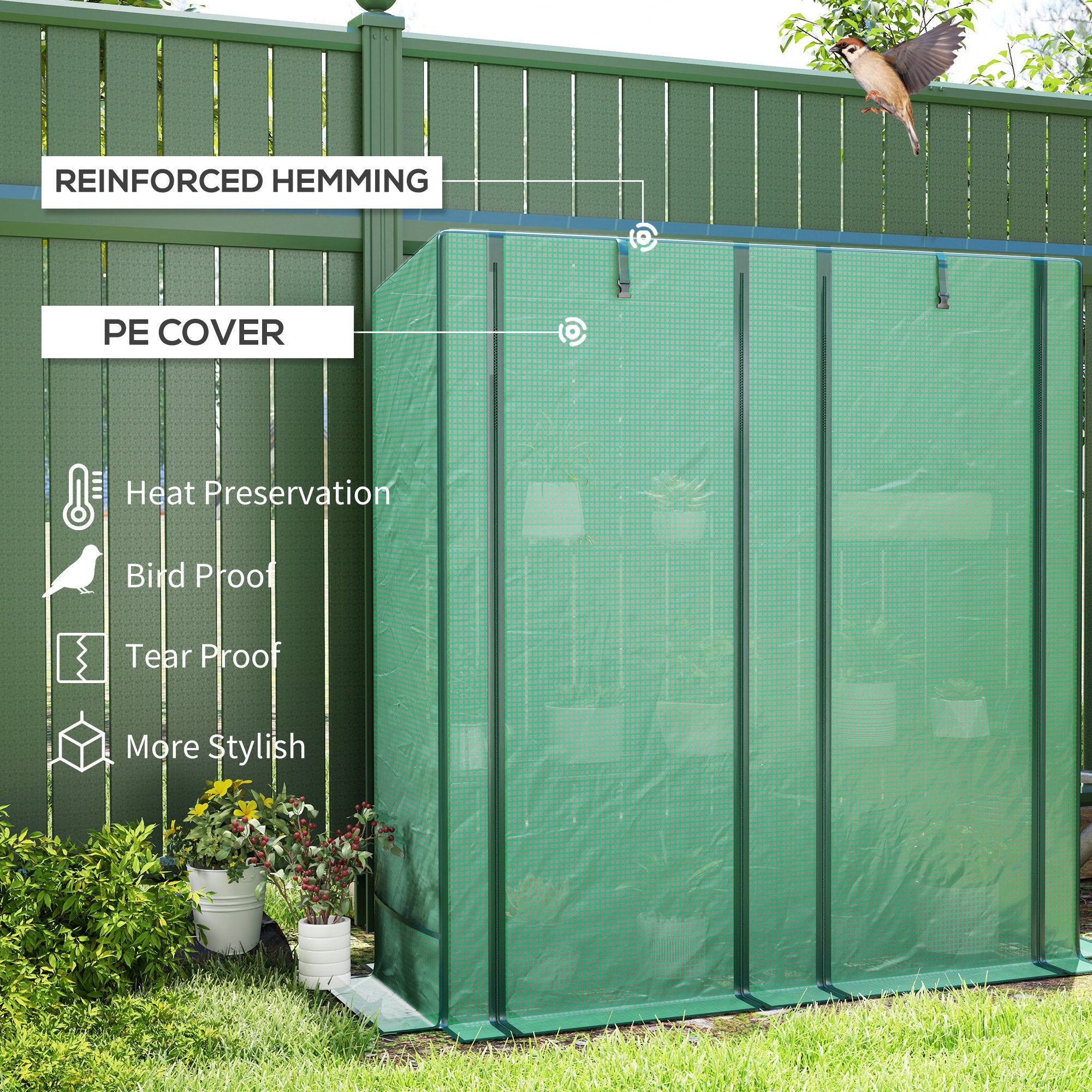 Lean-to Greenhouse with 3 Tier Shelves, Portable Greenhouse with PE Cover, 2 Roll-Up Doors, 56.7" x 18.9" x 59.8", Green