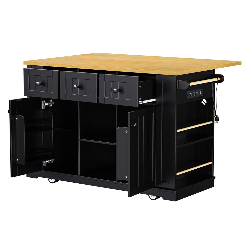 Kitchen Island with Internal Rack, Drop Leaf, Power Outlet, Rolling Cart with Adjustable Shelves and Drawers, 50" L x 29.5" W x 36.5" H, Black