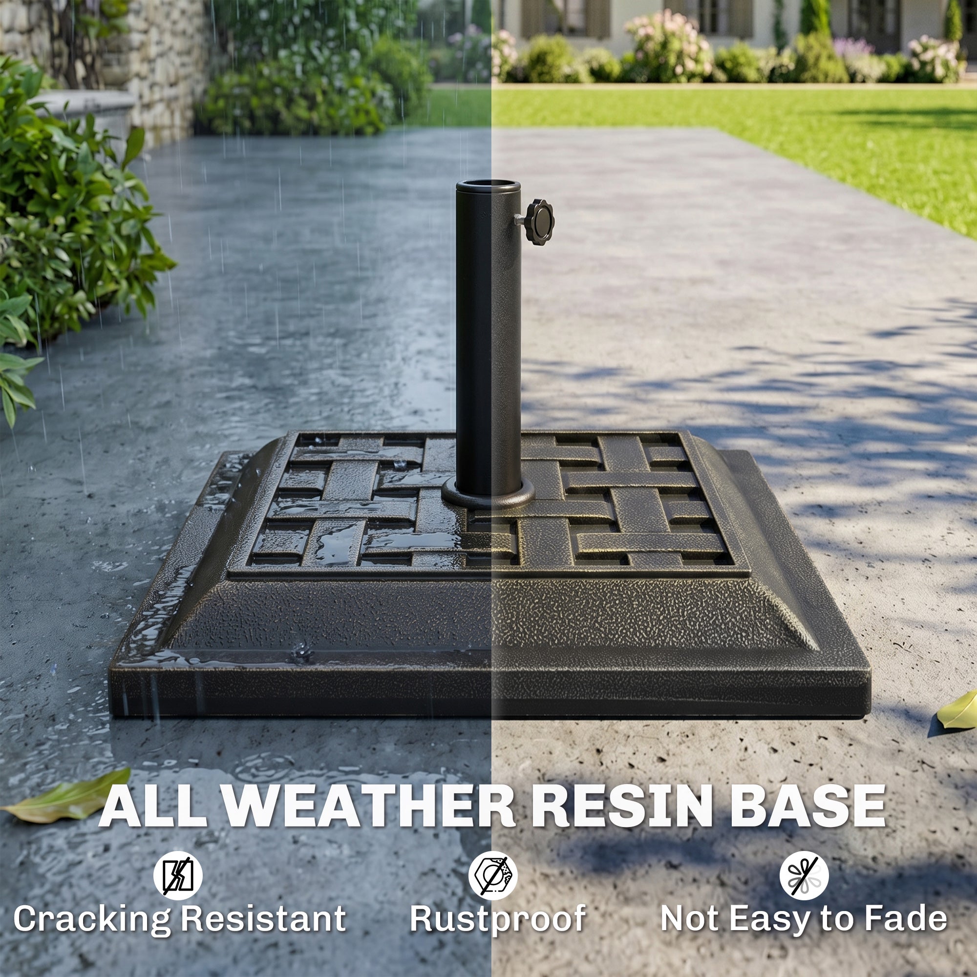 20 lbs Patio Market Umbrella Base Stand Resin Parasol Holder Square with Beautiful Decorative Pattern & Easy Setup, for Φ1.5", Φ1.89" Pole, for Beach, Lawn, Deck, Backyard, Garden, Bronze