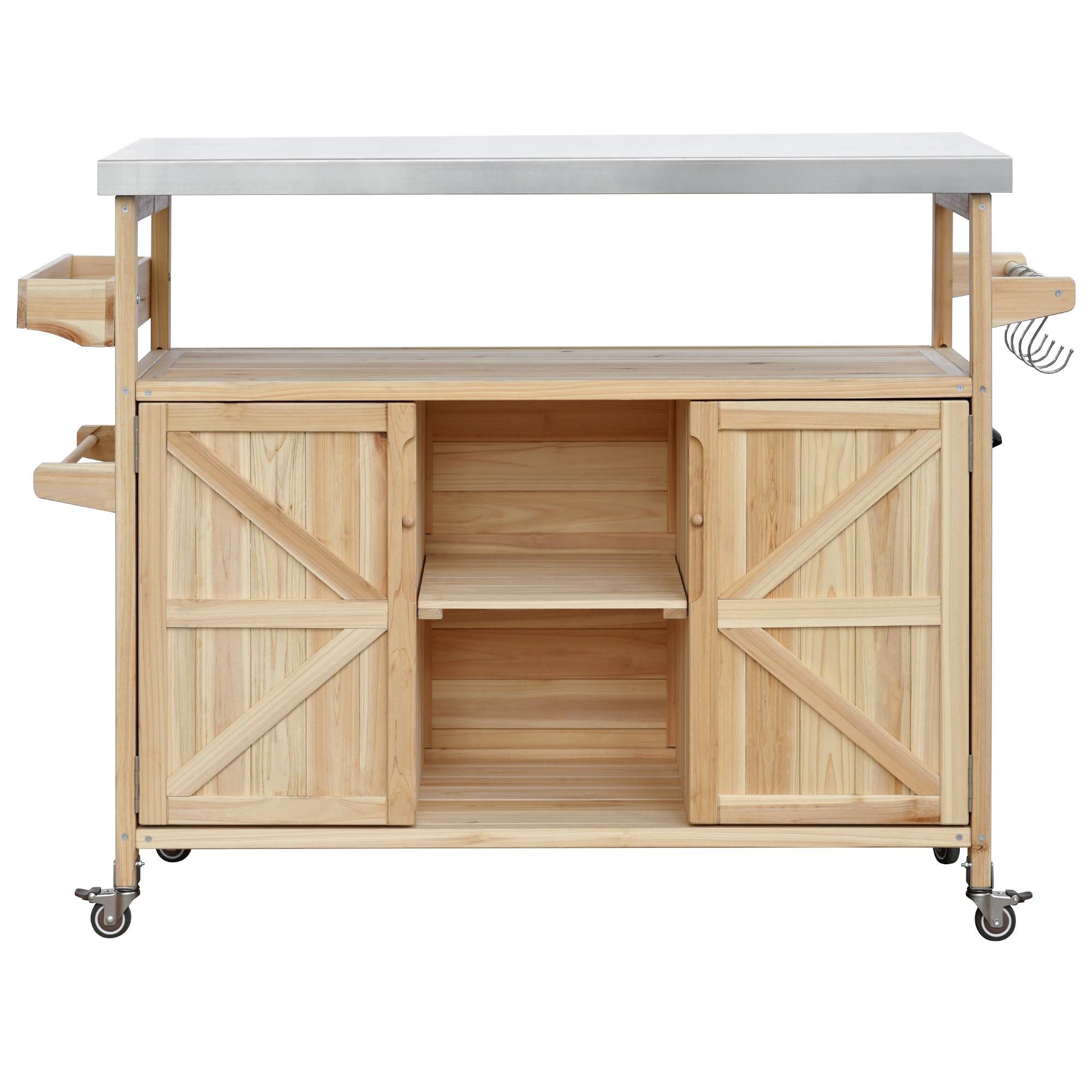 Outdoor Kitchen Island with Stainless Steel Top, Spice and Towel Rack, Rolling Bar Cart with Lockable Wheels, 50" L x 18.5" W x 36.5" H, Natural