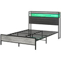 Full Bed Frame with Storage Upholstered Headboard, Full Size Bed Frame with LED Lights, Charging Station, Cement Gray