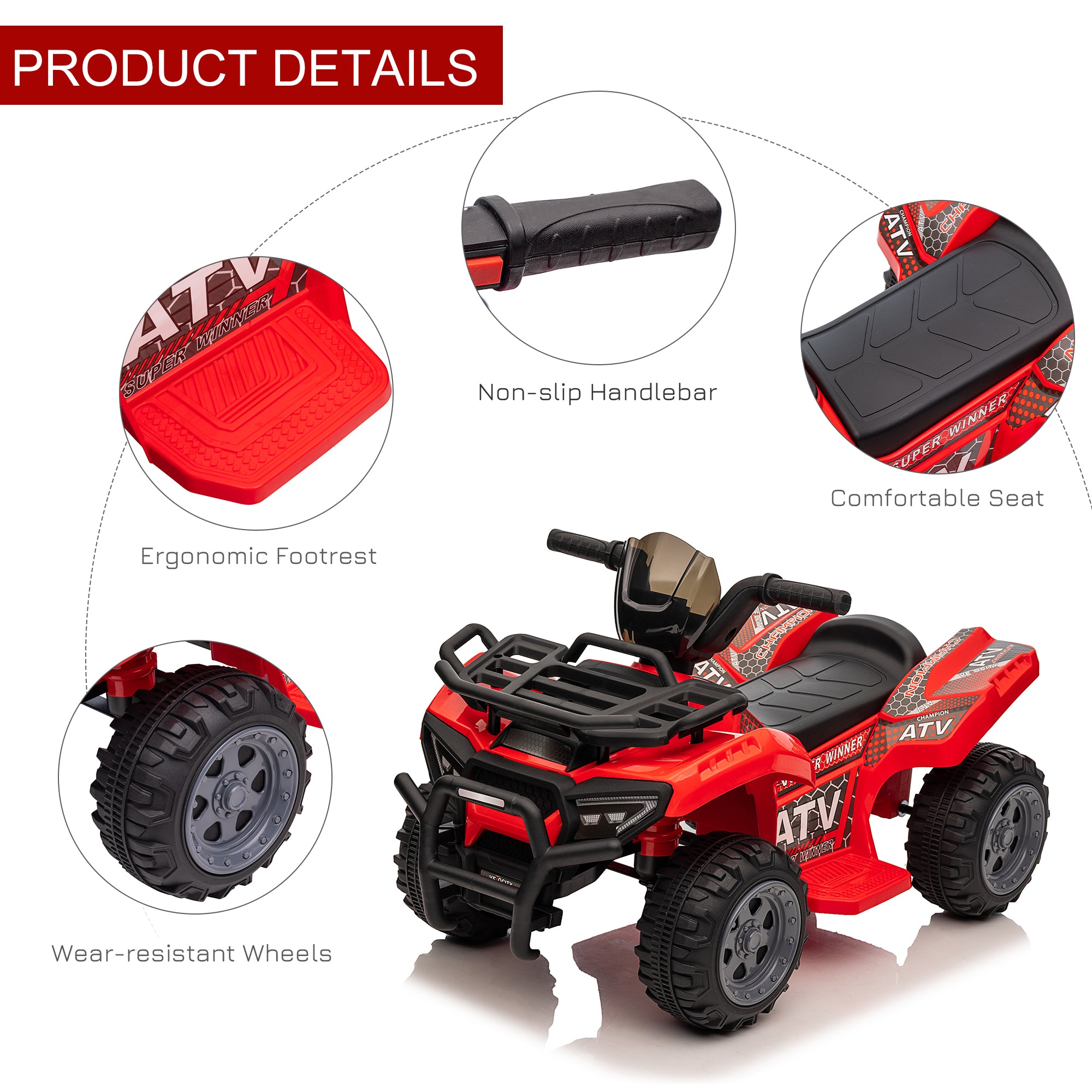 6V Battery Powered Electric ATV, Quad Four Wheeler Ride On Toy Car w/ LED Headlights for Kids Toddlers, Red