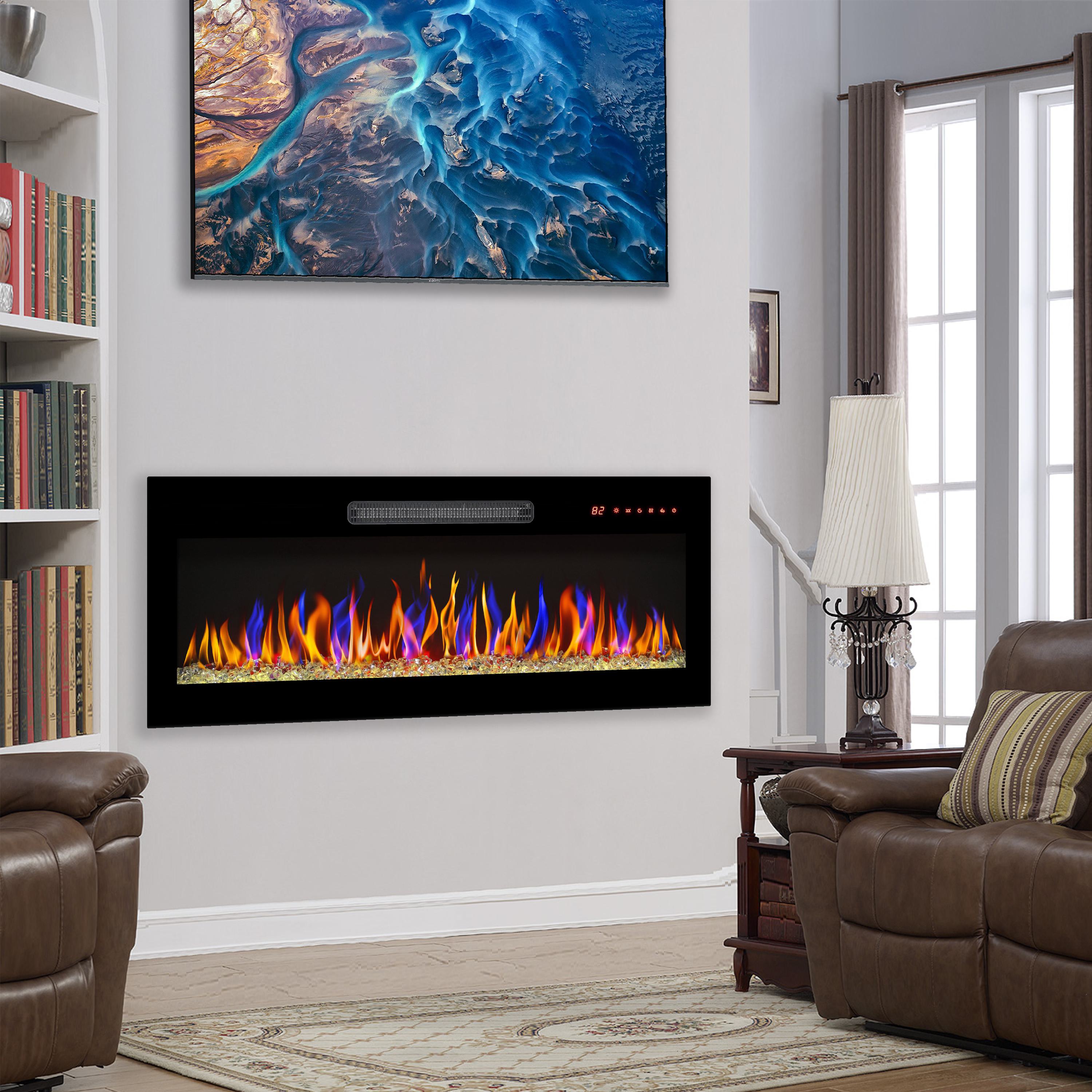 36" Remote Wall Mounted Electric Fireplace with Ultra Thin Tempered Glass Front, Multi-Color Flame, and LED Light Heater, Antique Black