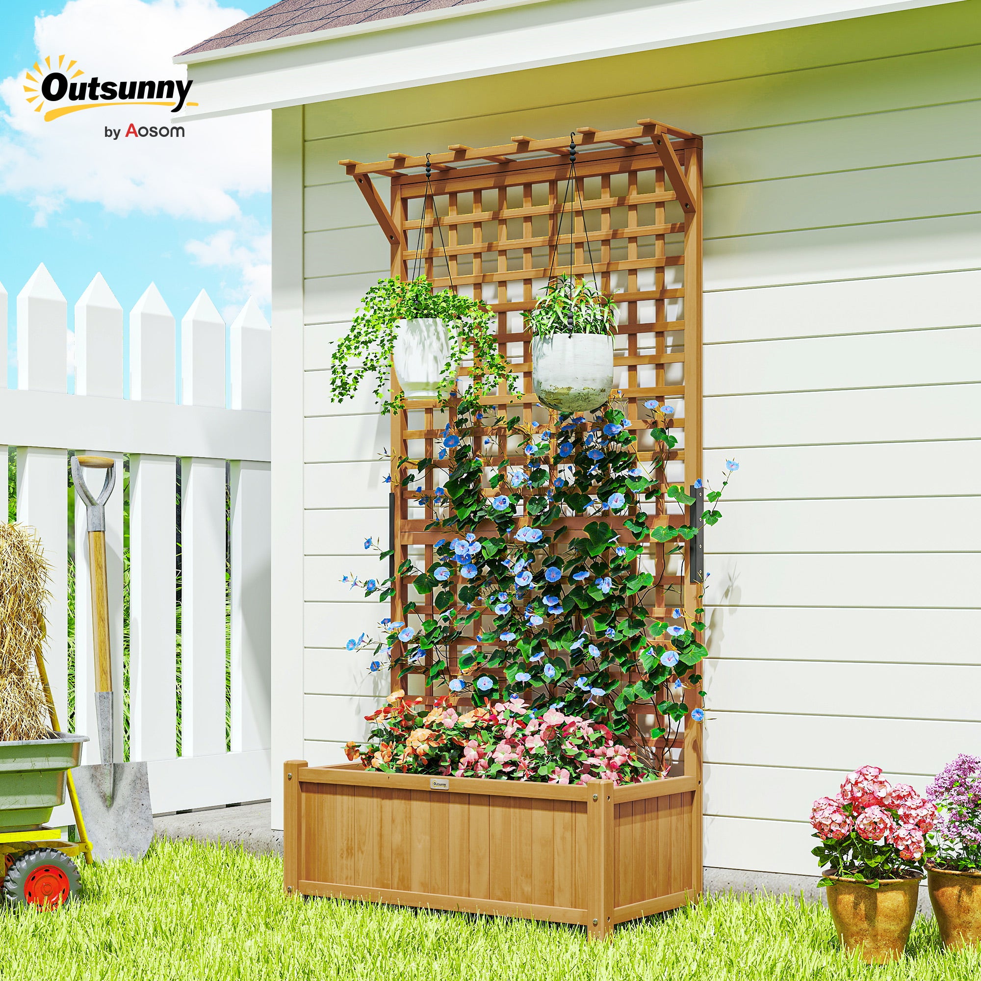 OutsunnyWood Planter with Trellis for Vine Climbing, Raised Garden Bed, Privacy Screen for Backyard, Patio, Yellow